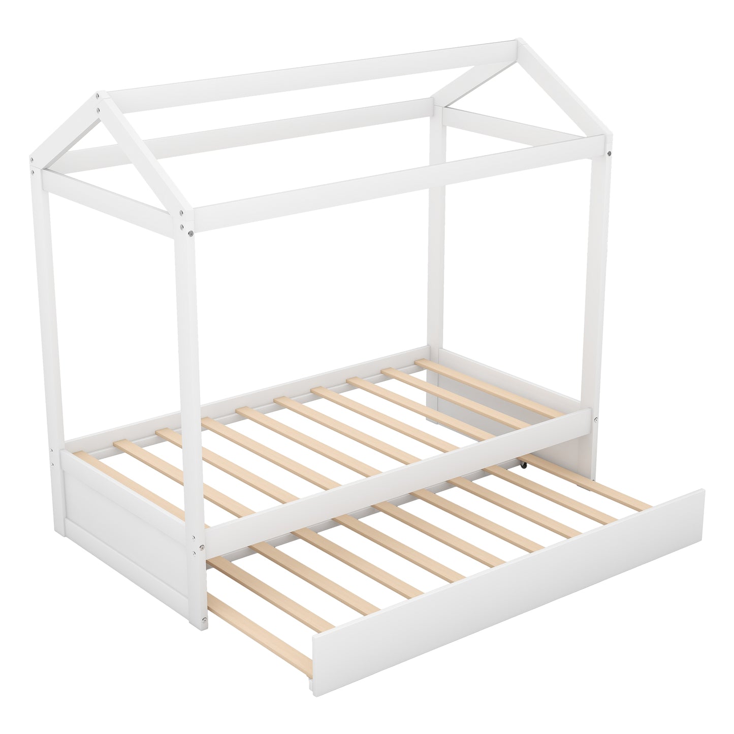 White wooden house bed frame with pullout trundle ideal for kids bedrooms