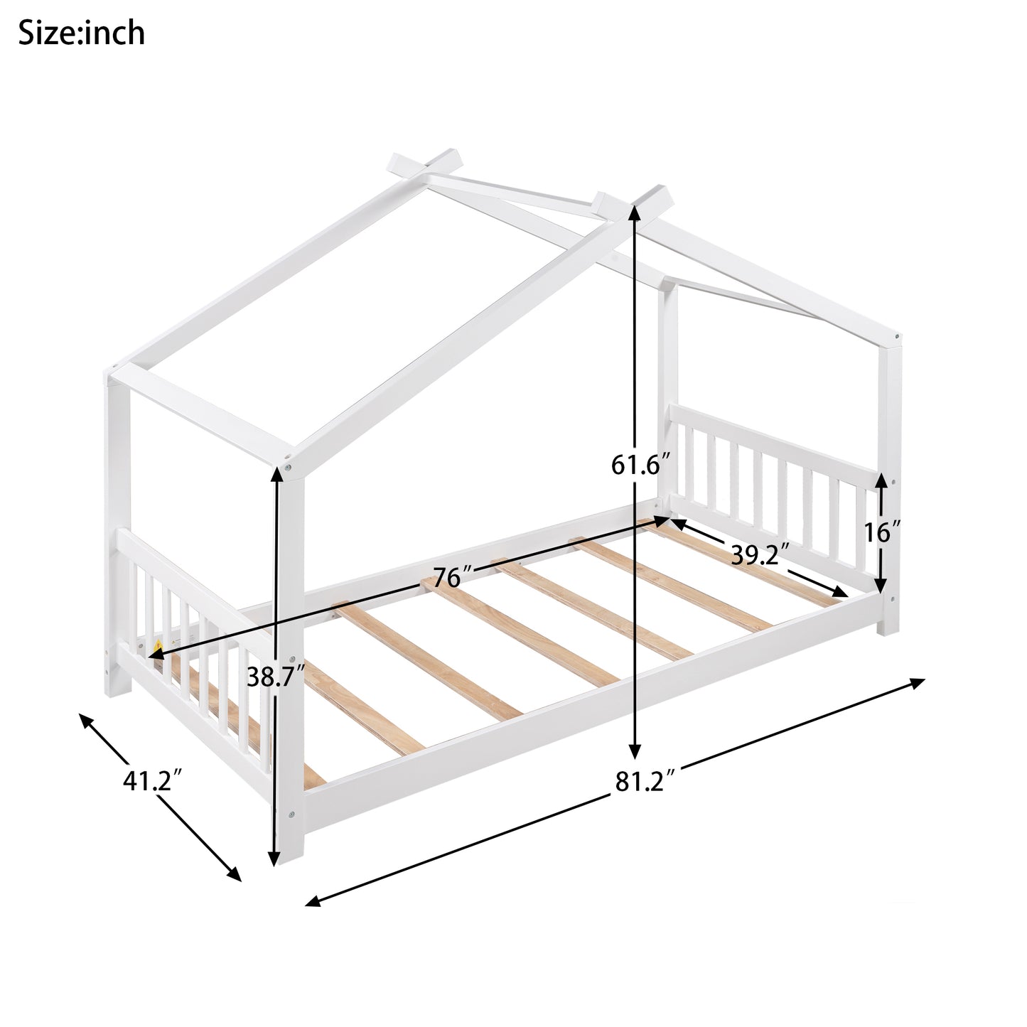 White wooden twin house bed frame with dimensional measurements indicated