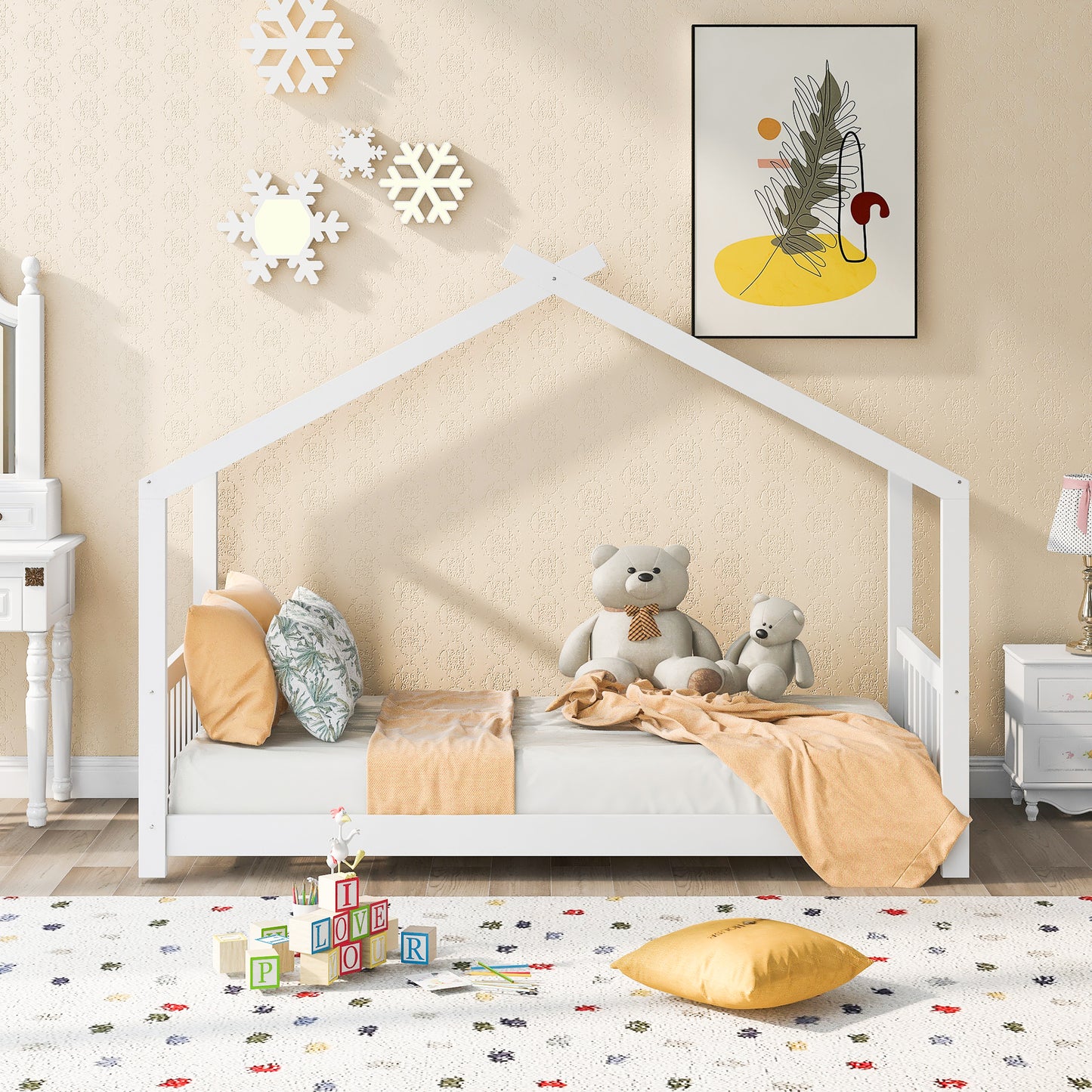 White wooden house bed frame with pillows and blankets