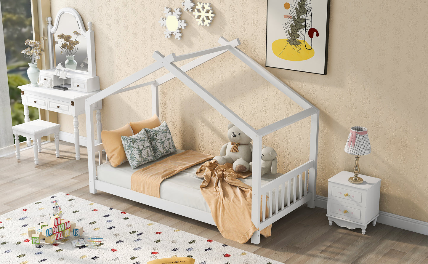 White wooden house bed frame with plush toys and bedding