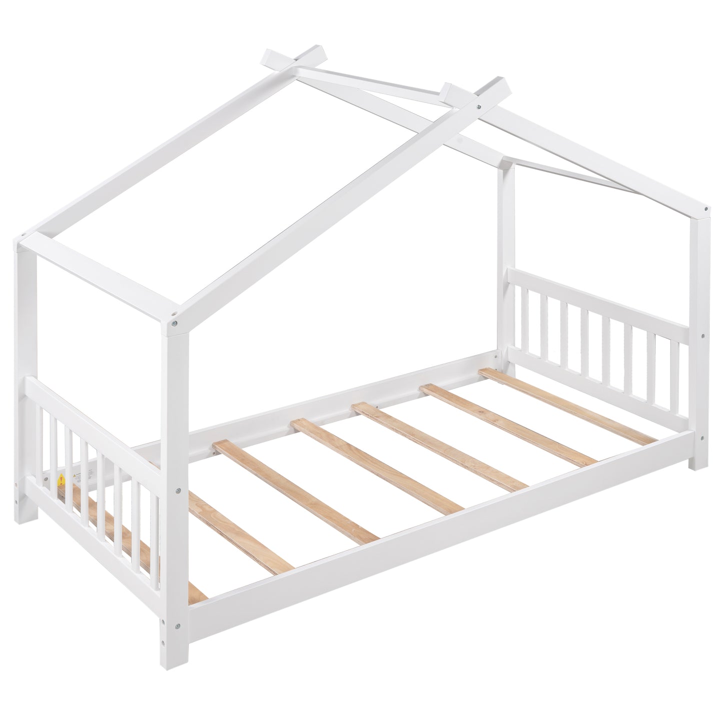 White wooden twin house bed frame with slatted base
