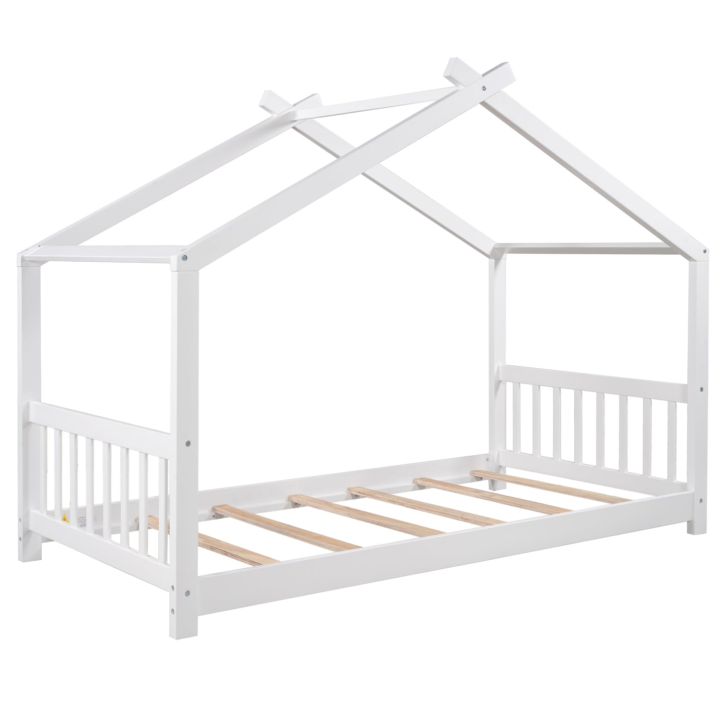 White wooden house bed frame with slatted base for toddlers