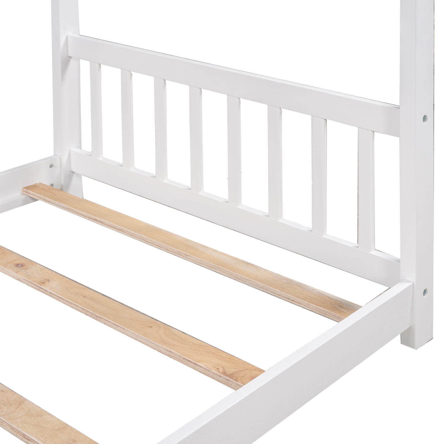White wooden bed frame with slatted base