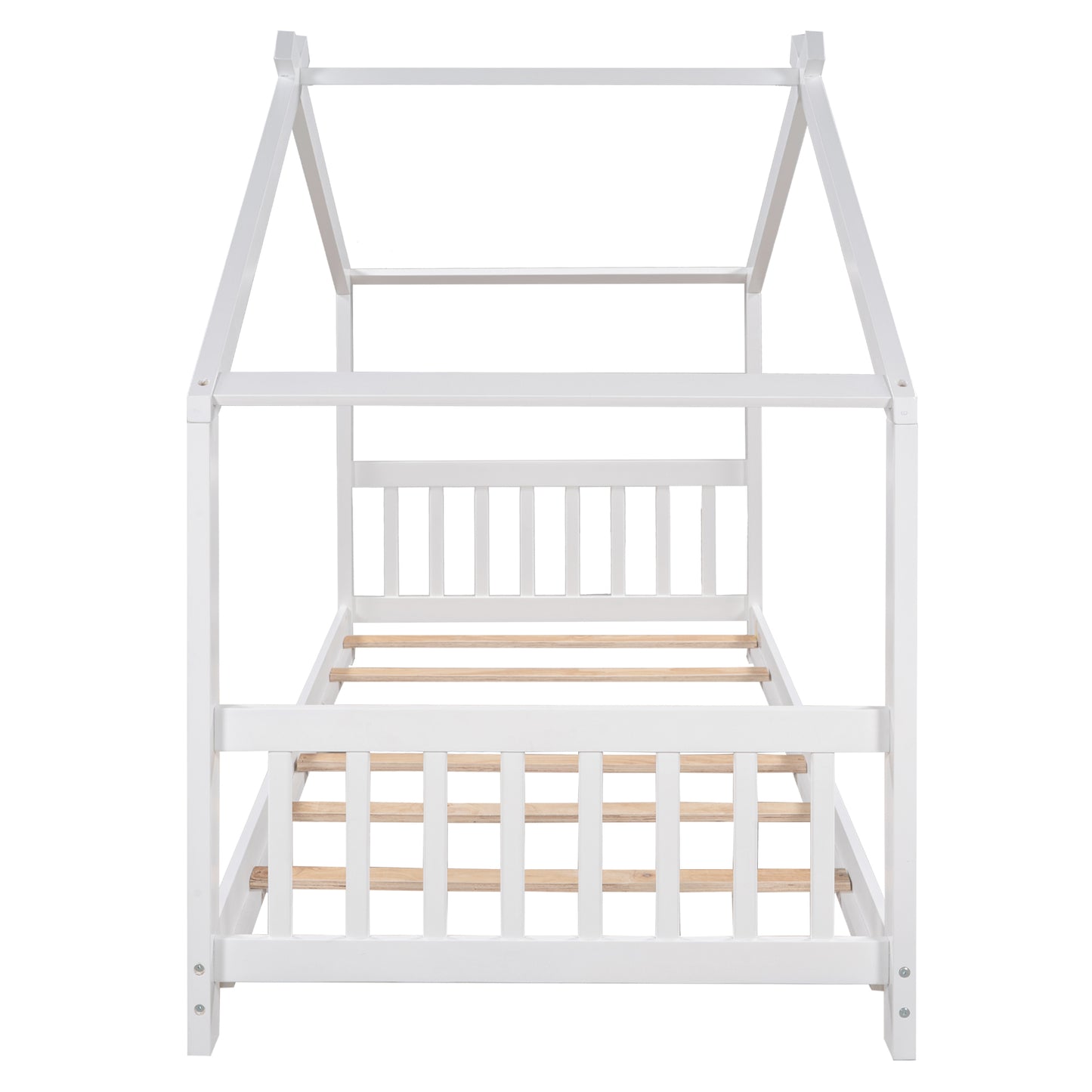 White wooden house bed frame with slatted base and angled roof supports for nursery