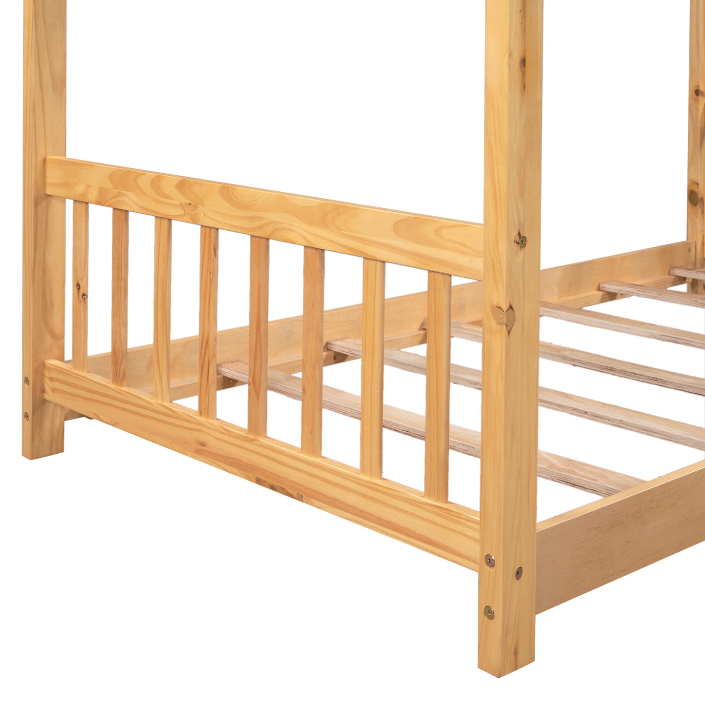 Natural pine wood bunk bed frame with sturdy slatted side rail