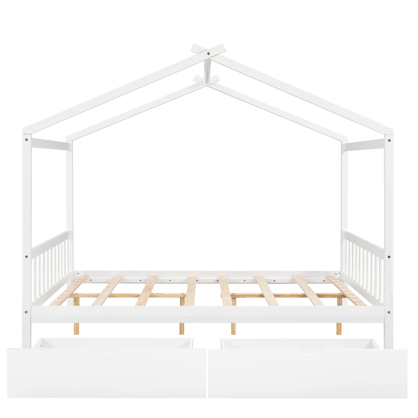 White wooden house bed frame with slatted base and two drawers
