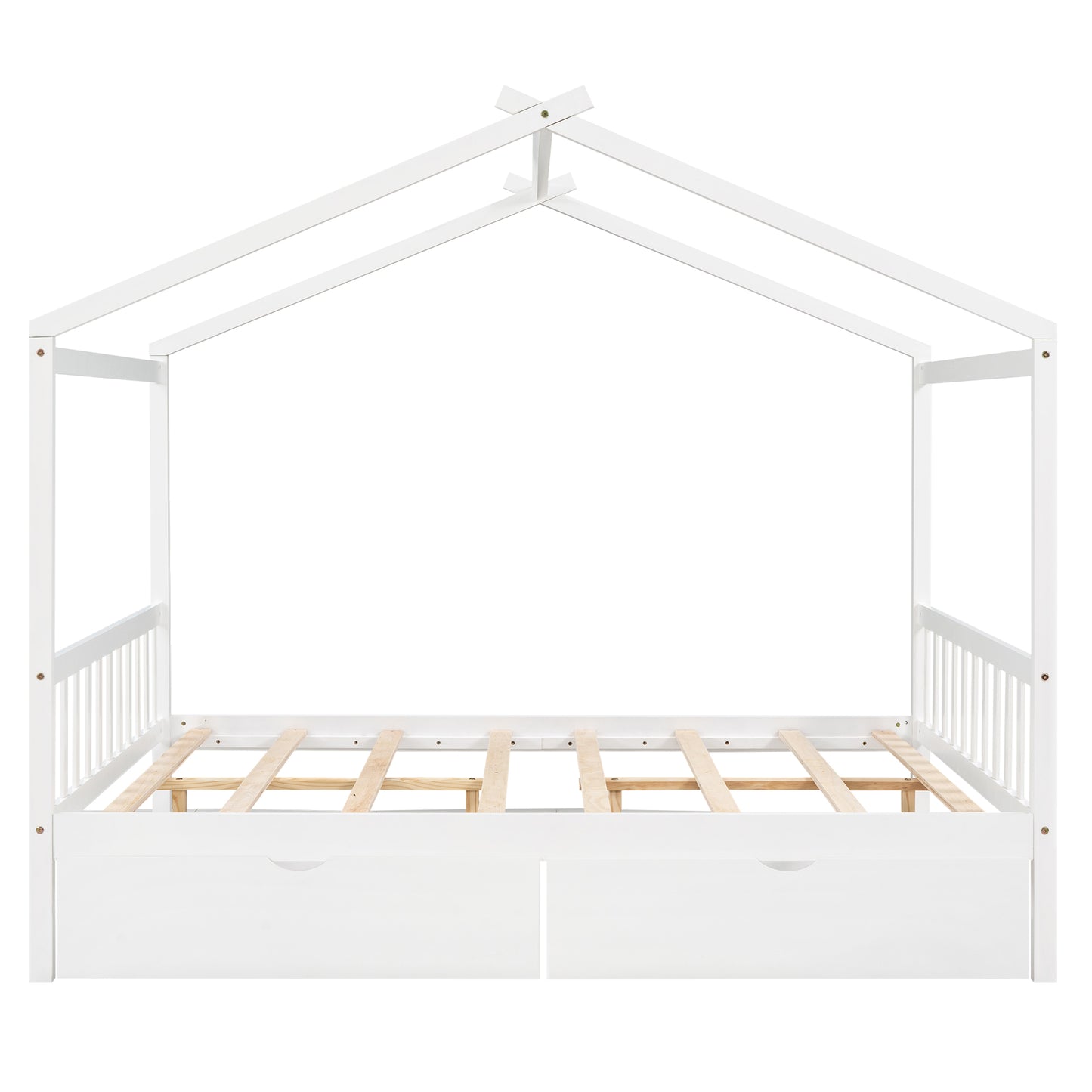 White wooden house bed frame with canopy and two drawers