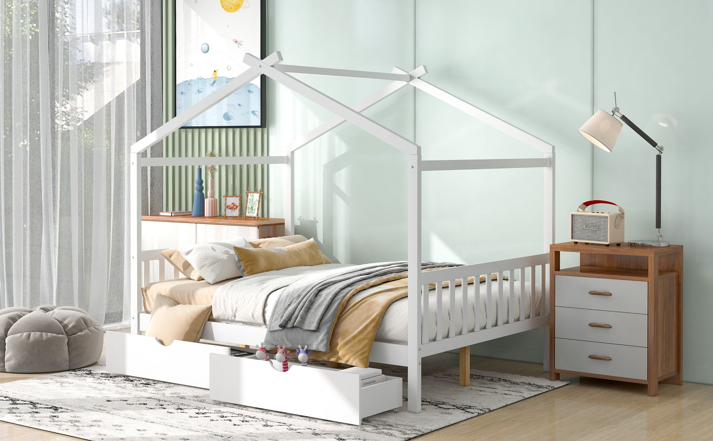 White wooden house bed frame with mattress and bedding