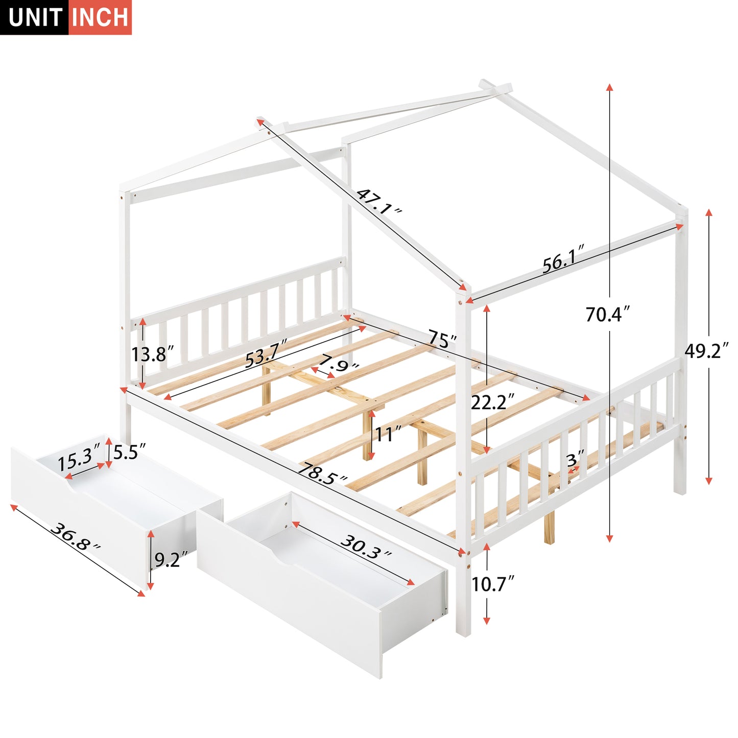 White wood twin house bed frame with two drawers and canopy structure