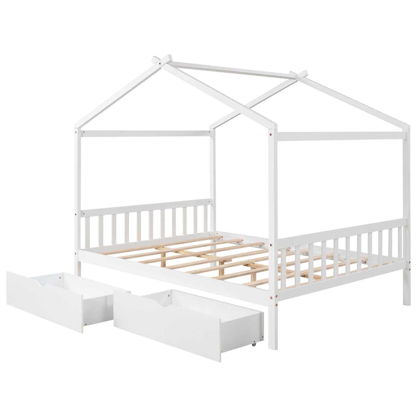 White wooden house bed frame with slats and two pullout drawers