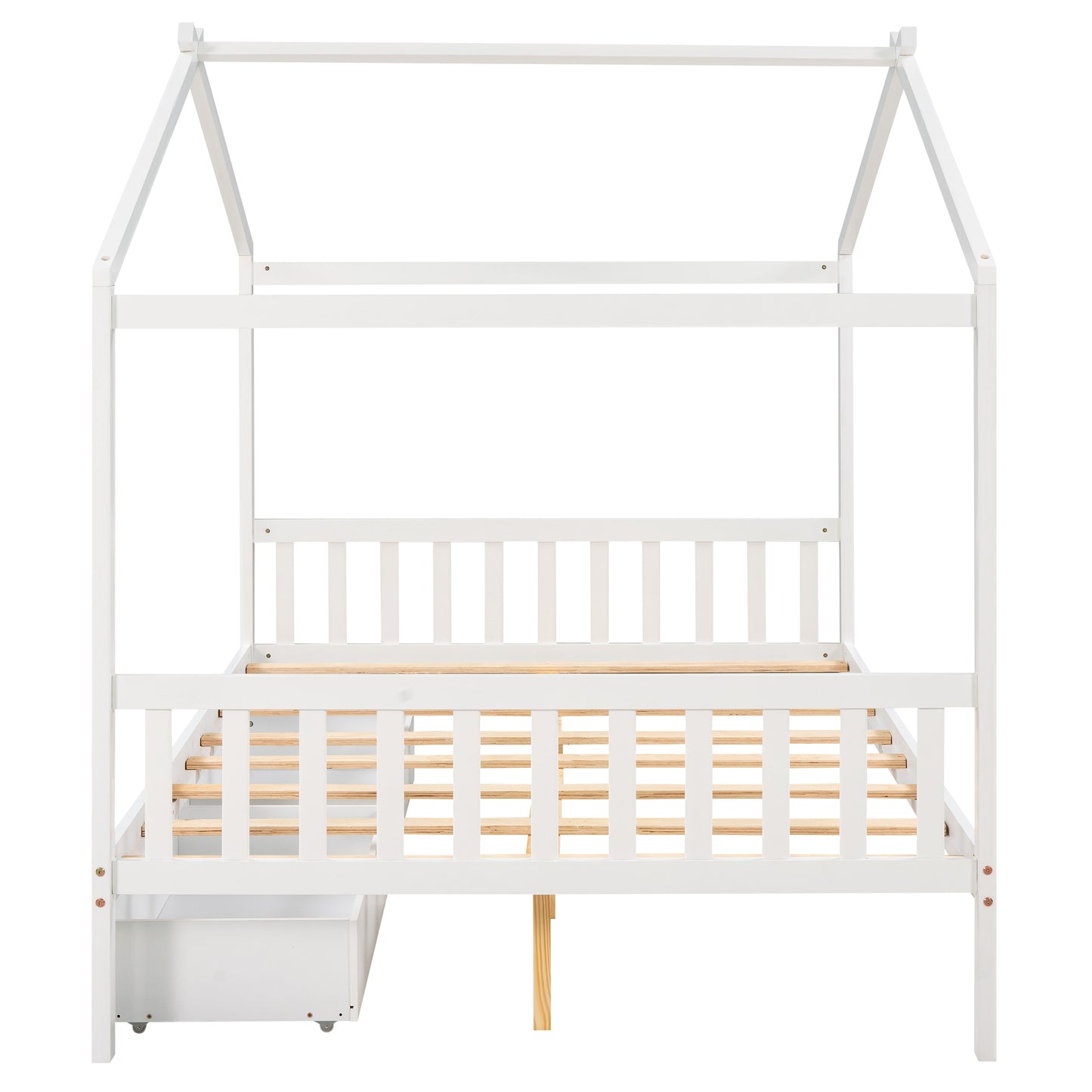White wooden house bed frame with slatted base and integrated storage drawer