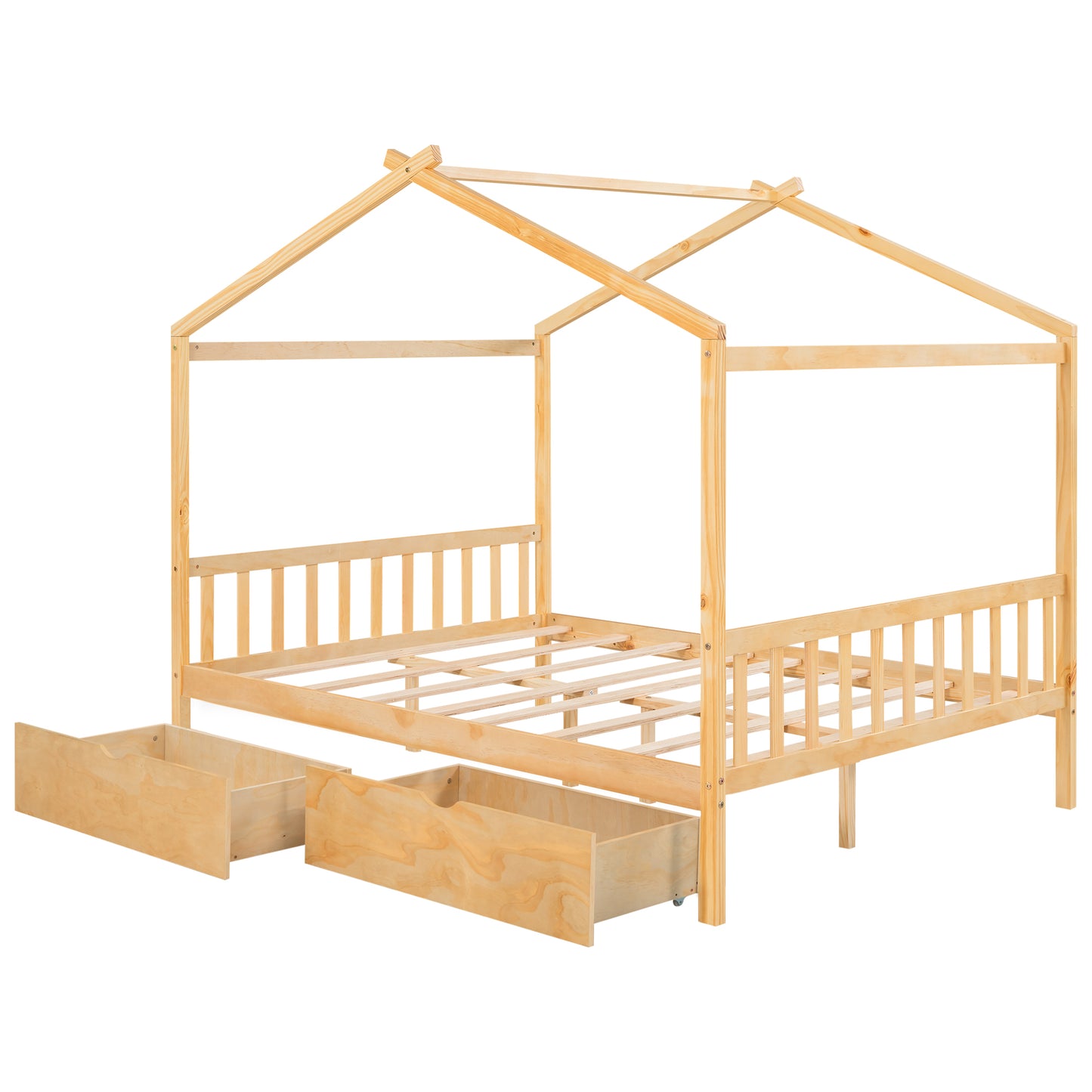 Natural wood twin house bed frame with canopy roof and two underbed storage drawers