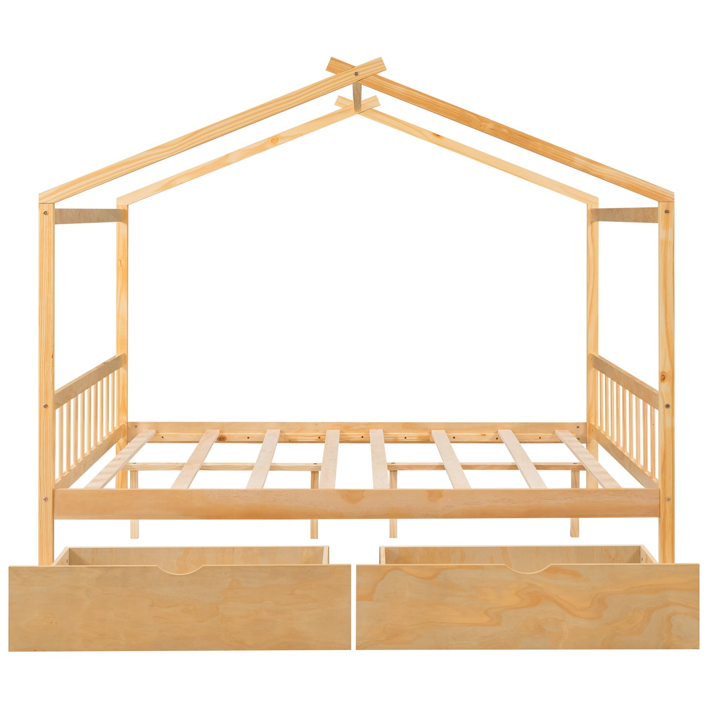 Natural wood twin house bed frame with two drawers