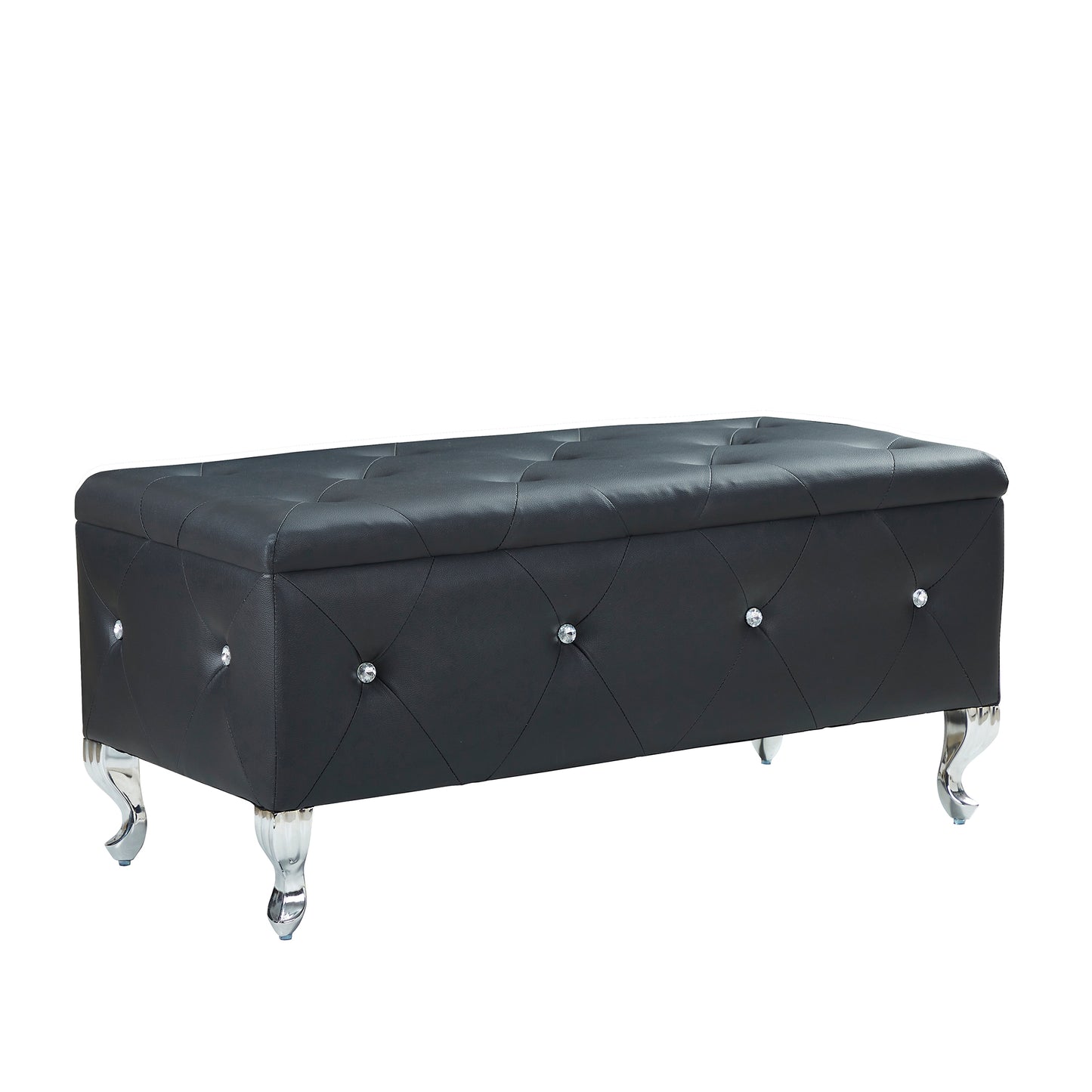 Black faux leather tufted storage bench with crystal accents and ornate silver legs
