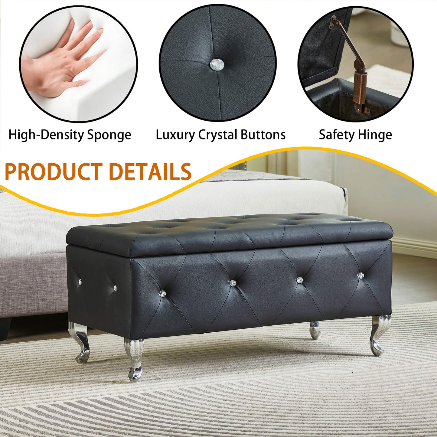 Black faux leather storage ottoman with diamond tufting and crystal buttons