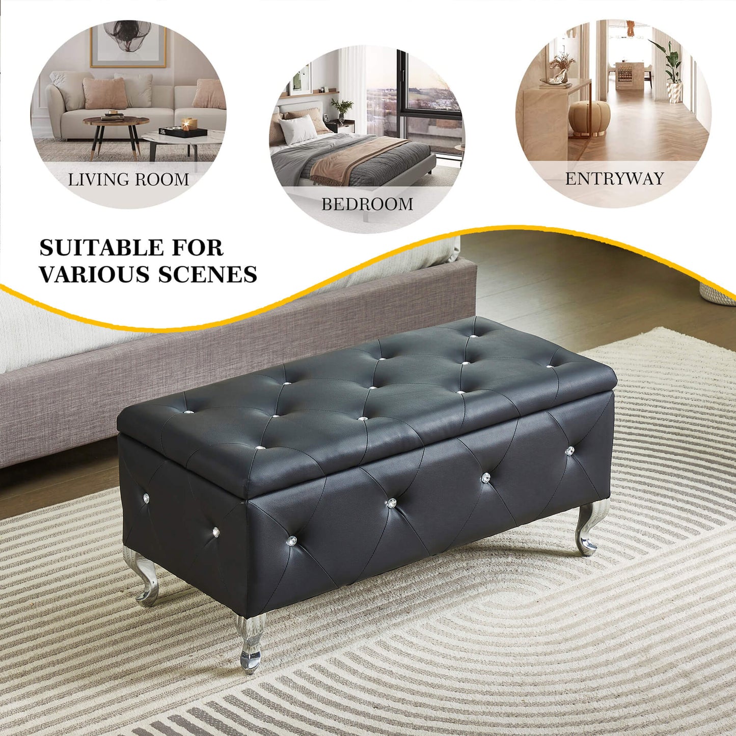 Black faux leather storage ottoman with crystal tufting and silver legs