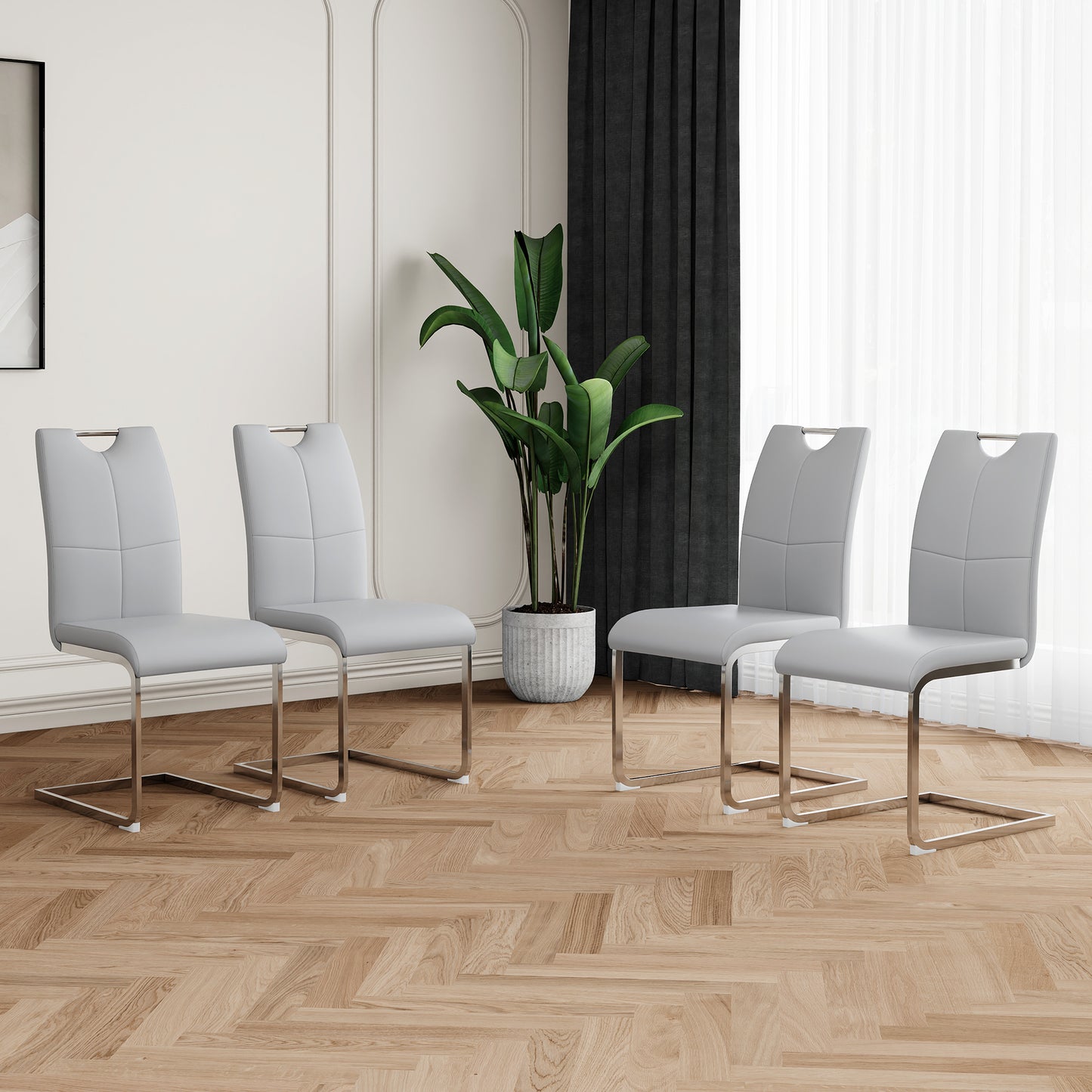 TREATLIFE HOME Set of 4 Modern Dining Chairs with Faux Leather Padded Seats, Chrome Metal Legs, Ergonomic Design for Kitchen or Living Room, Grey and Silver