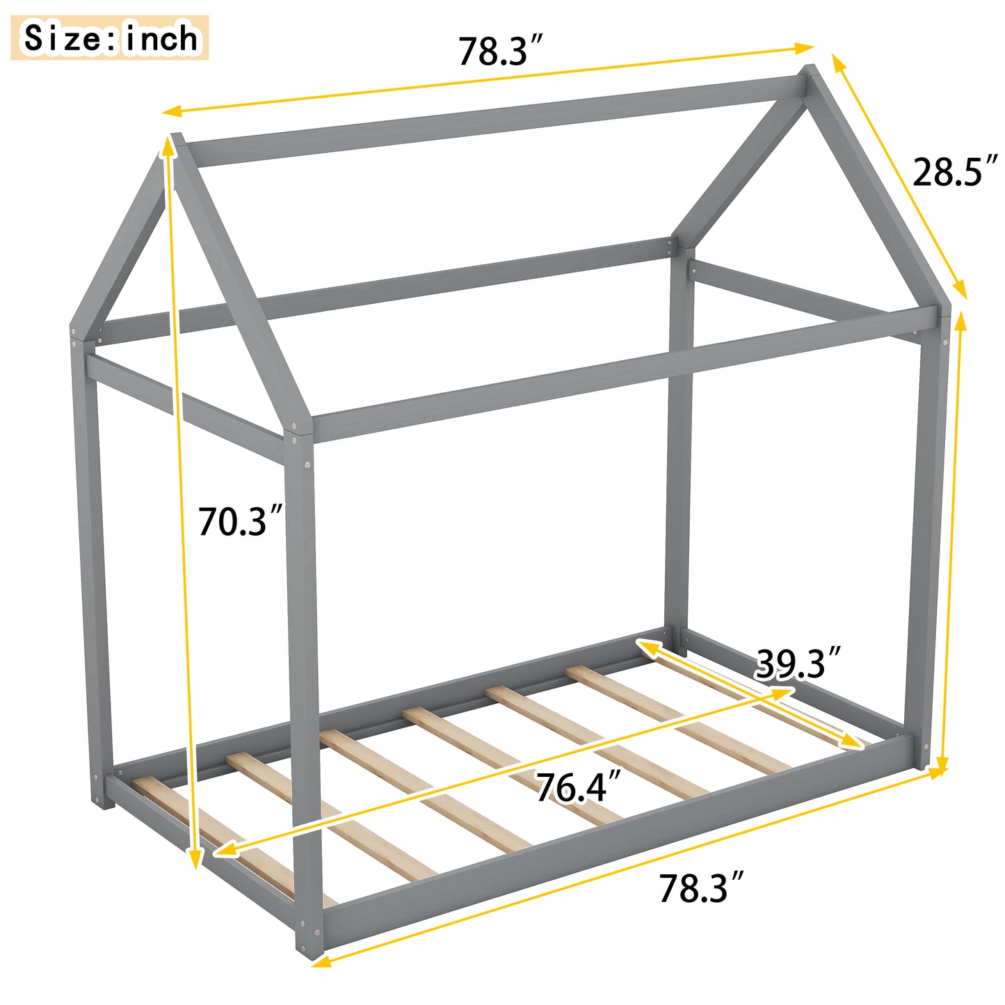 Gray wooden house bed frame with dimensions displayed