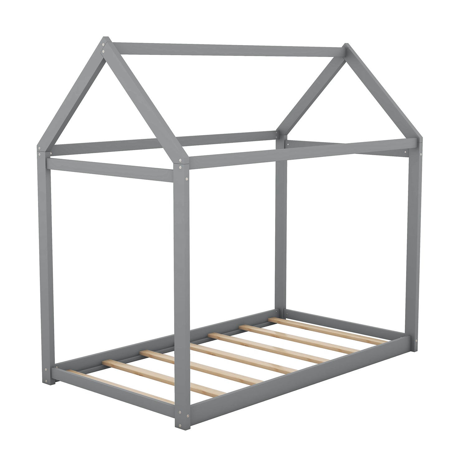 Gray wooden house bed frame with slatted base for a childs room