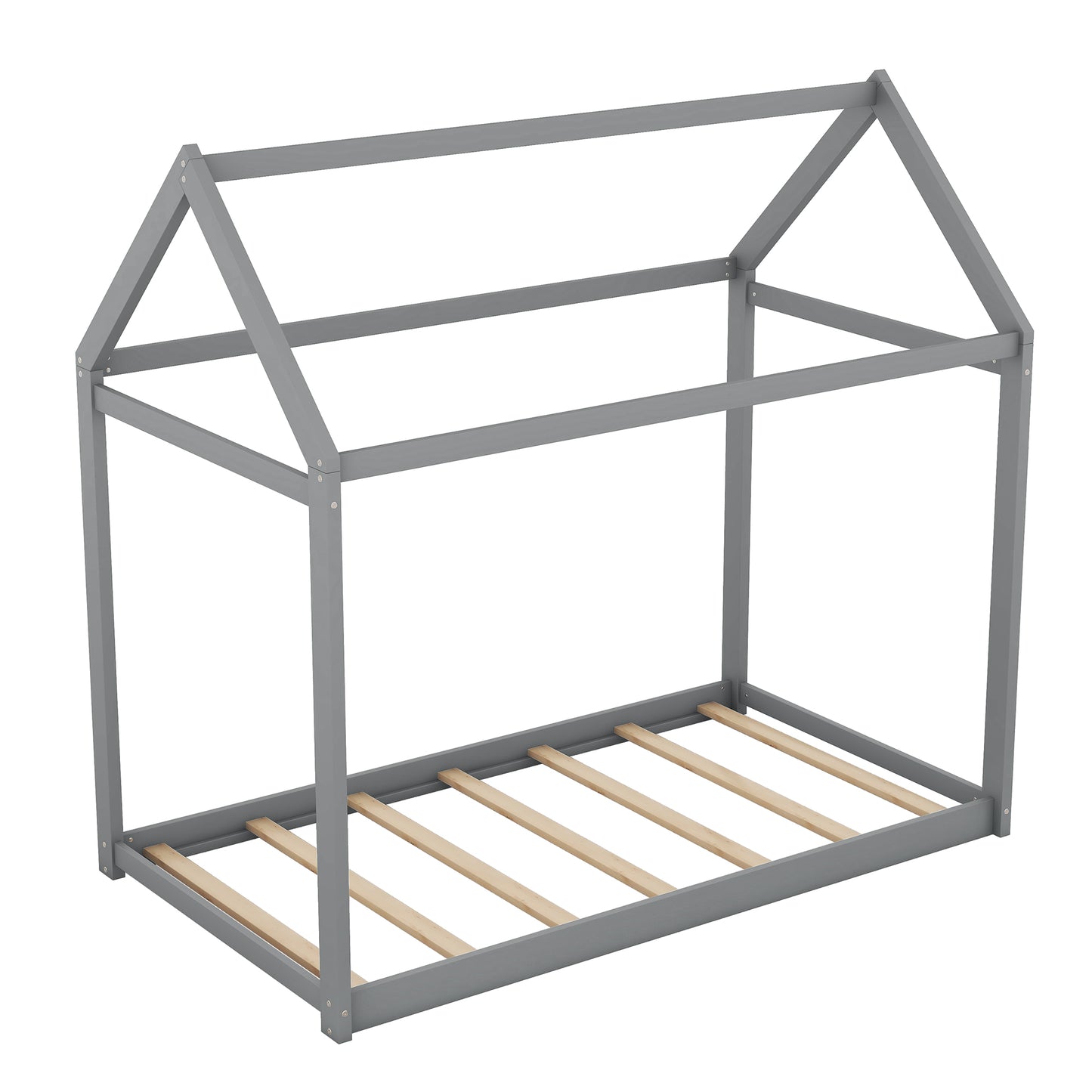 Gray wooden toddler bed frame with a houseshaped top