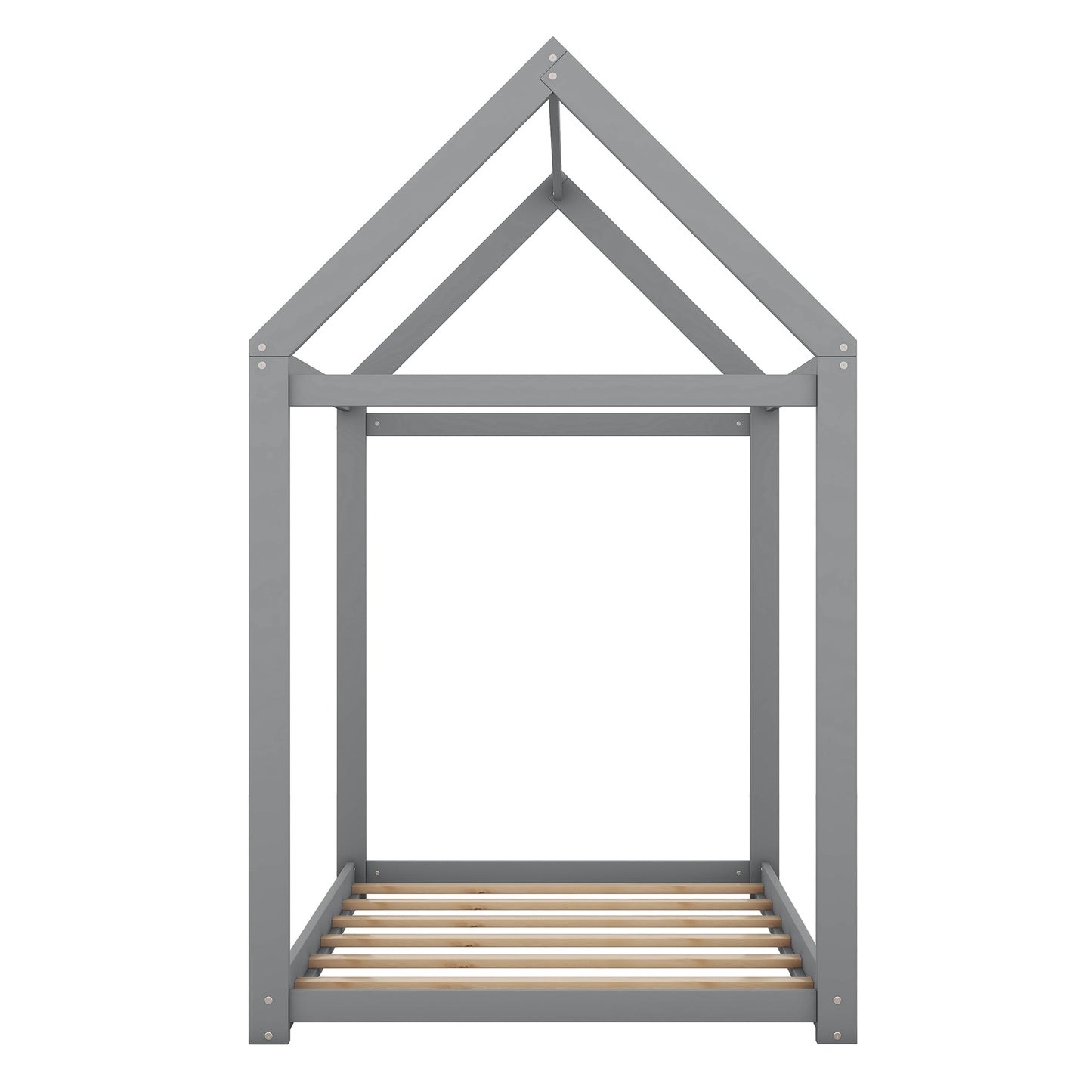 Gray wooden house bed frame with slatted base for kids