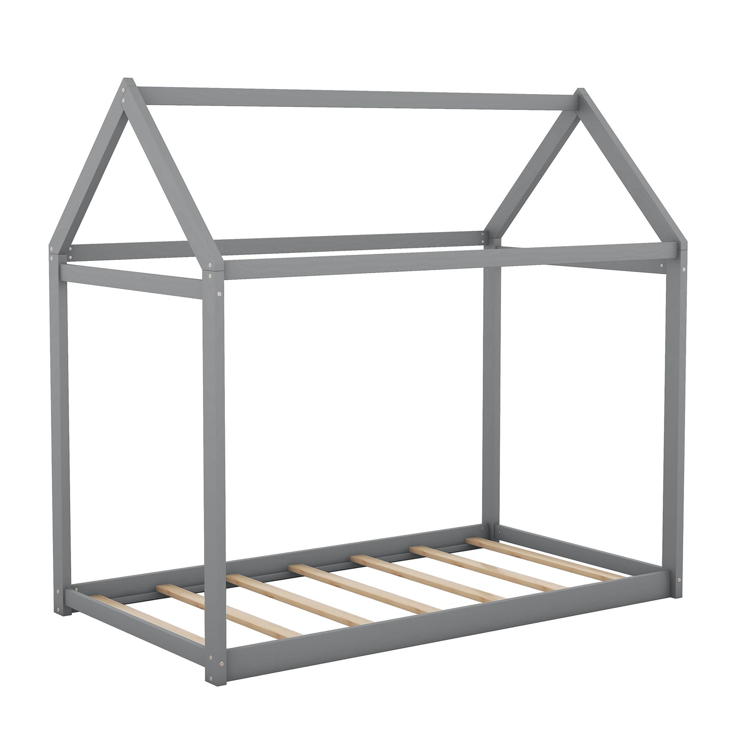Gray wooden house bed frame with slatted base