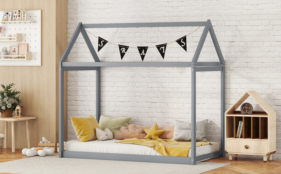 Grey wooden house bed frame with playful pennant banner