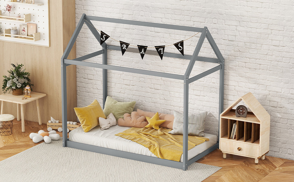 Gray wooden house bed frame with white mattress and yellow blanket