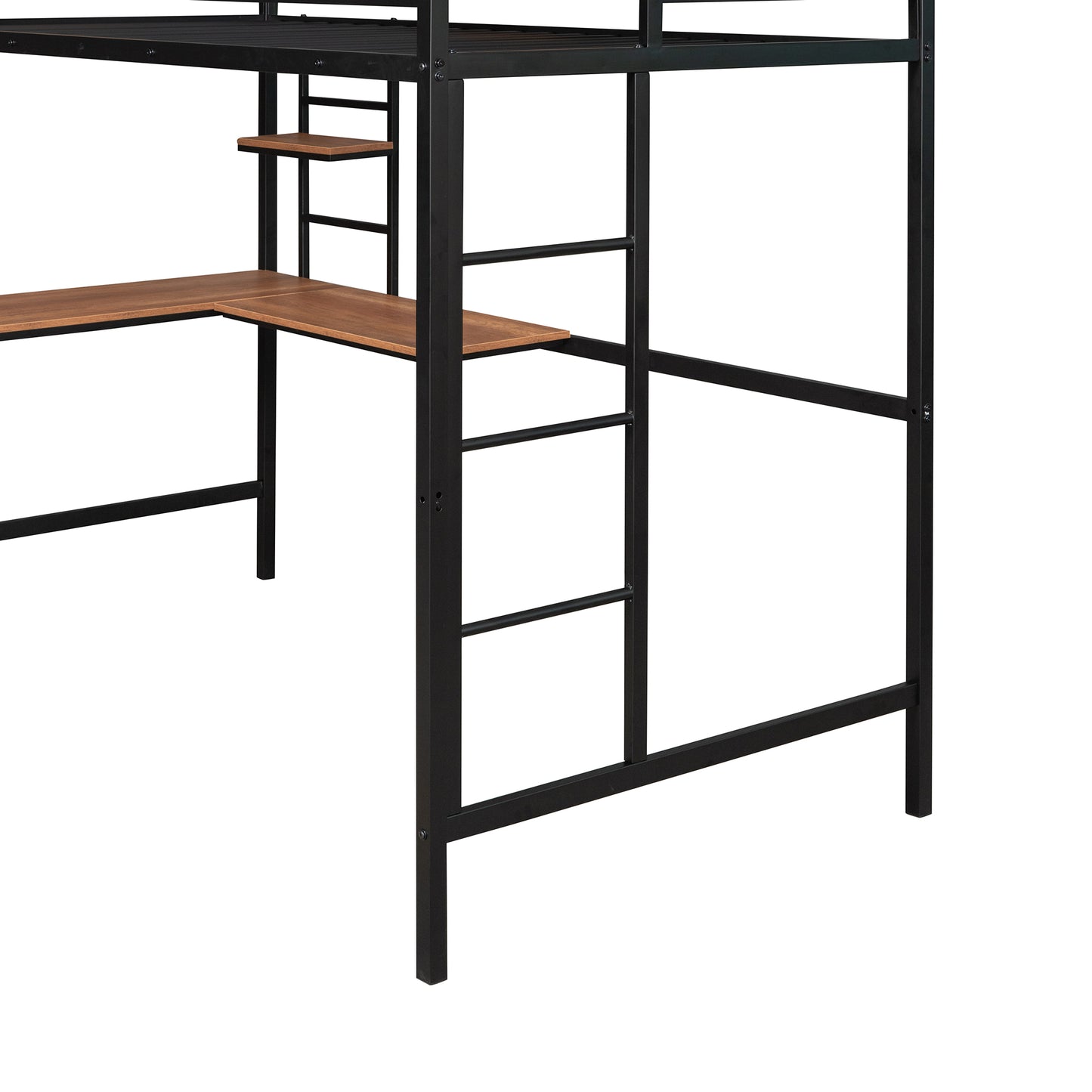 Black metal loft bed frame with Lshaped wooden desk and integrated shelves