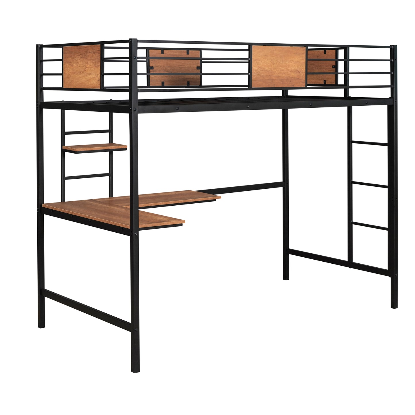Black metal loft bed with wood accents and integrated desk and shelves for kids room