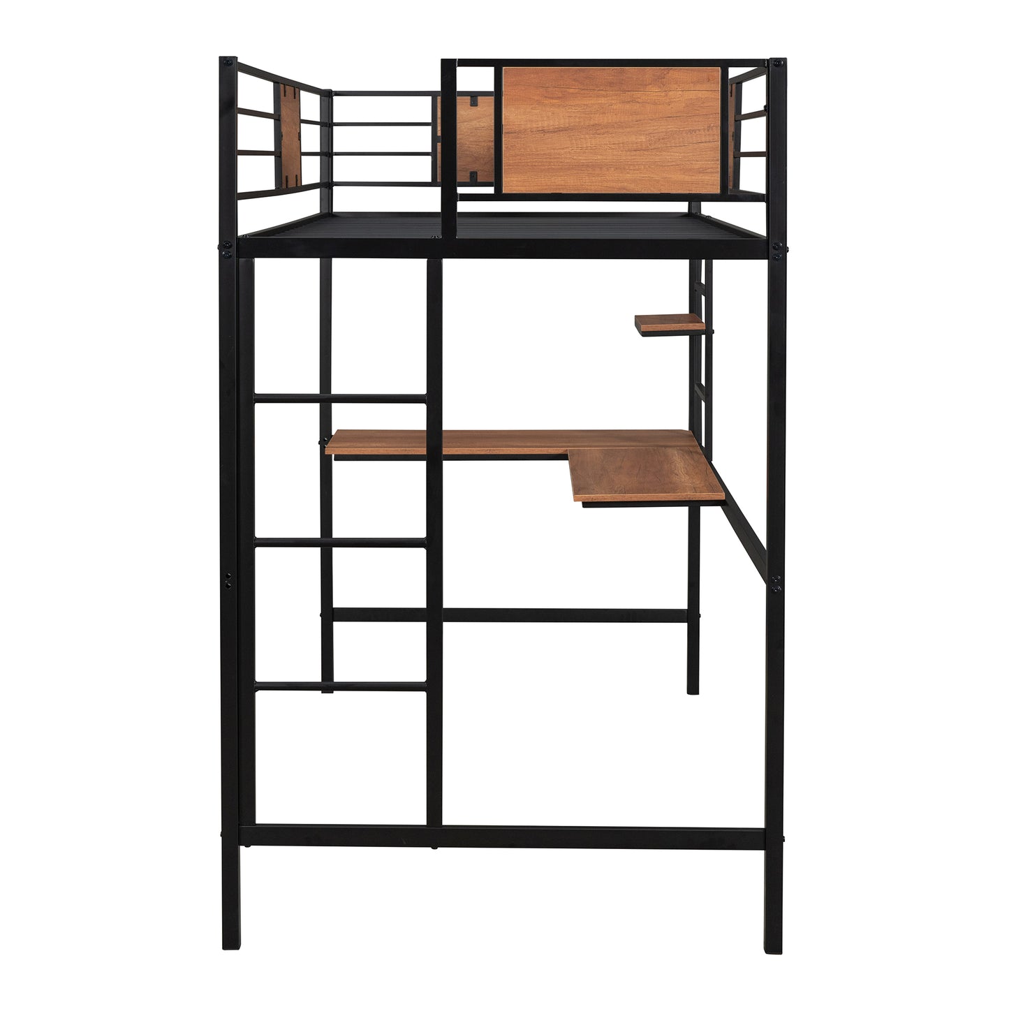 Black metal loft bed frame with wood accents and integrated desk