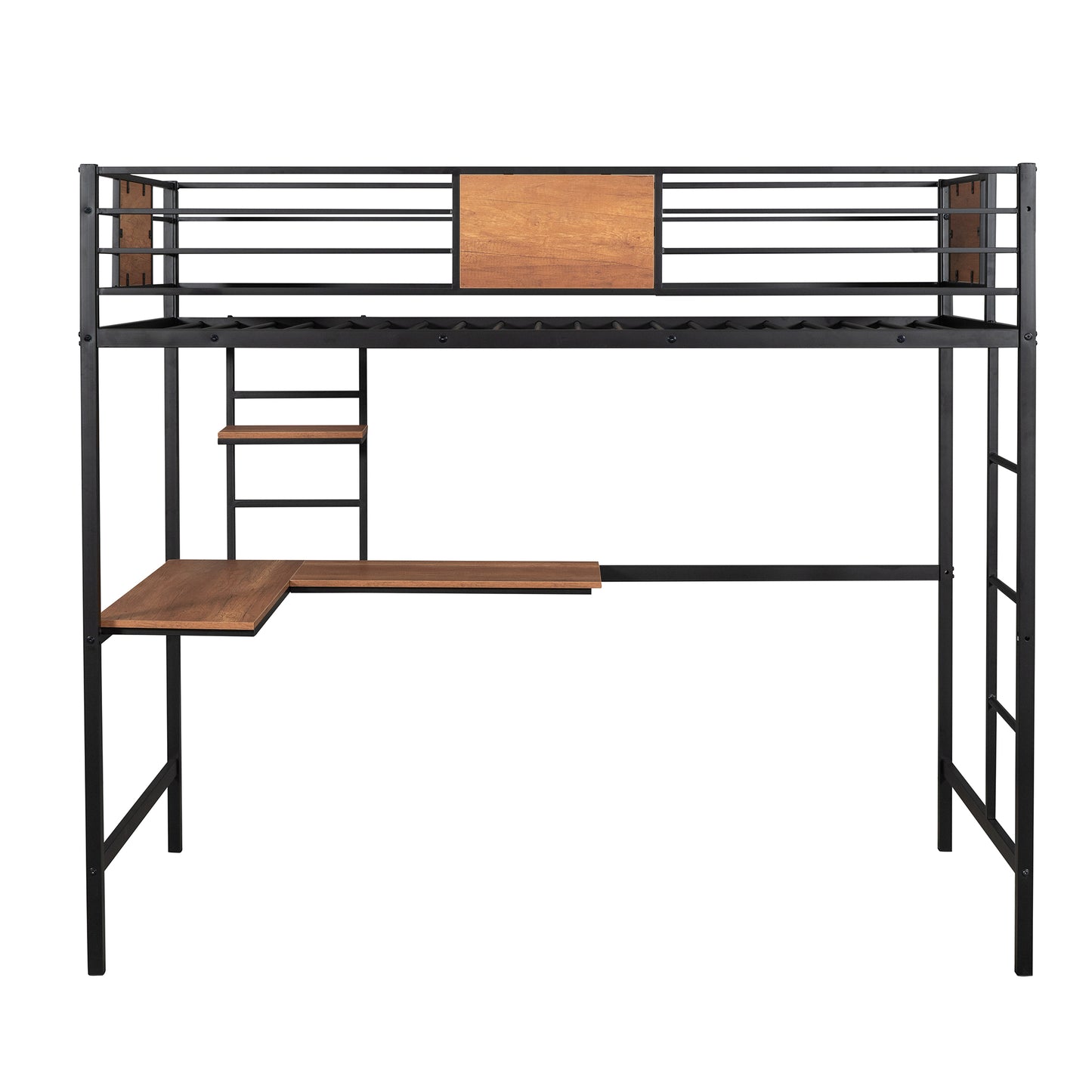 Black metal loft bed with wooden desktop and shelves