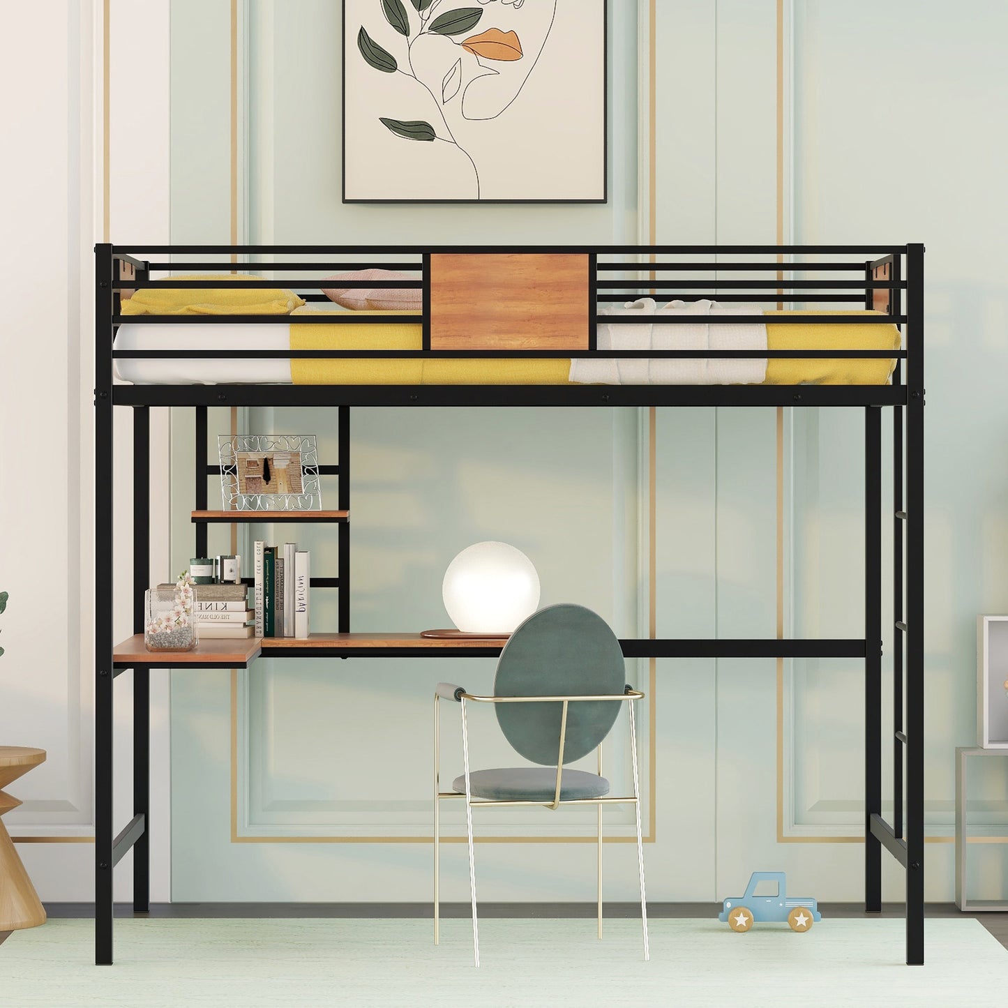 Black metal loft bed with integrated desk and shelves