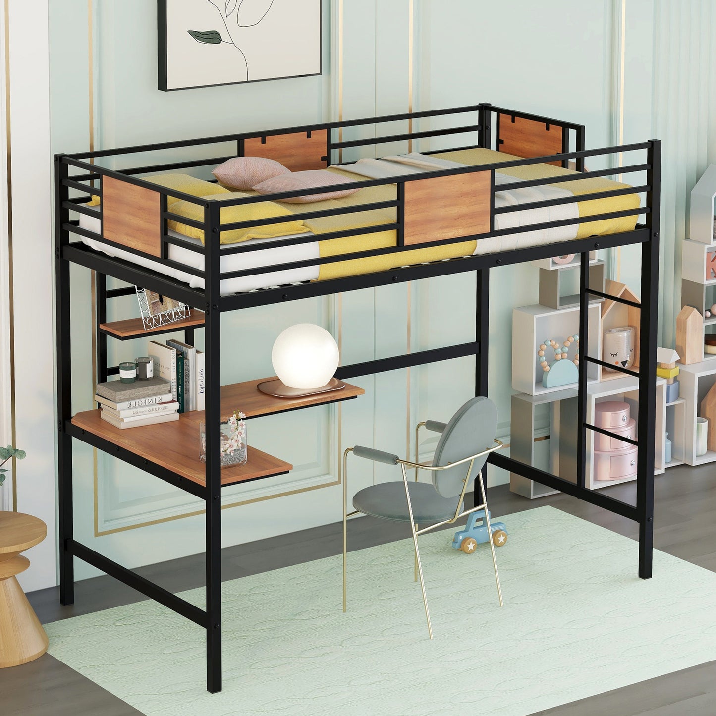 Black metal loft bed with wooden accents and integrated desk