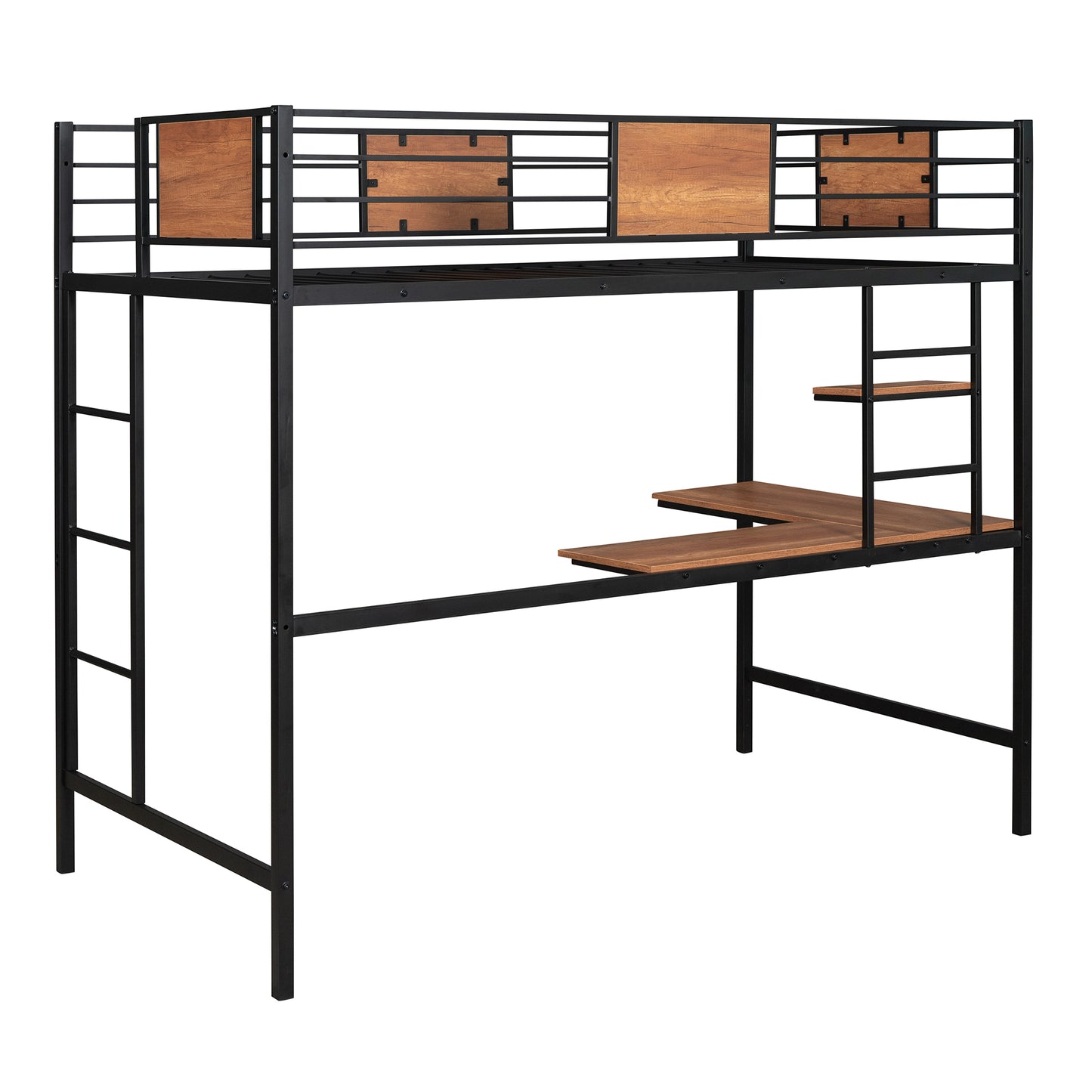 Black metal loft bed with Lshaped desk and wood accents