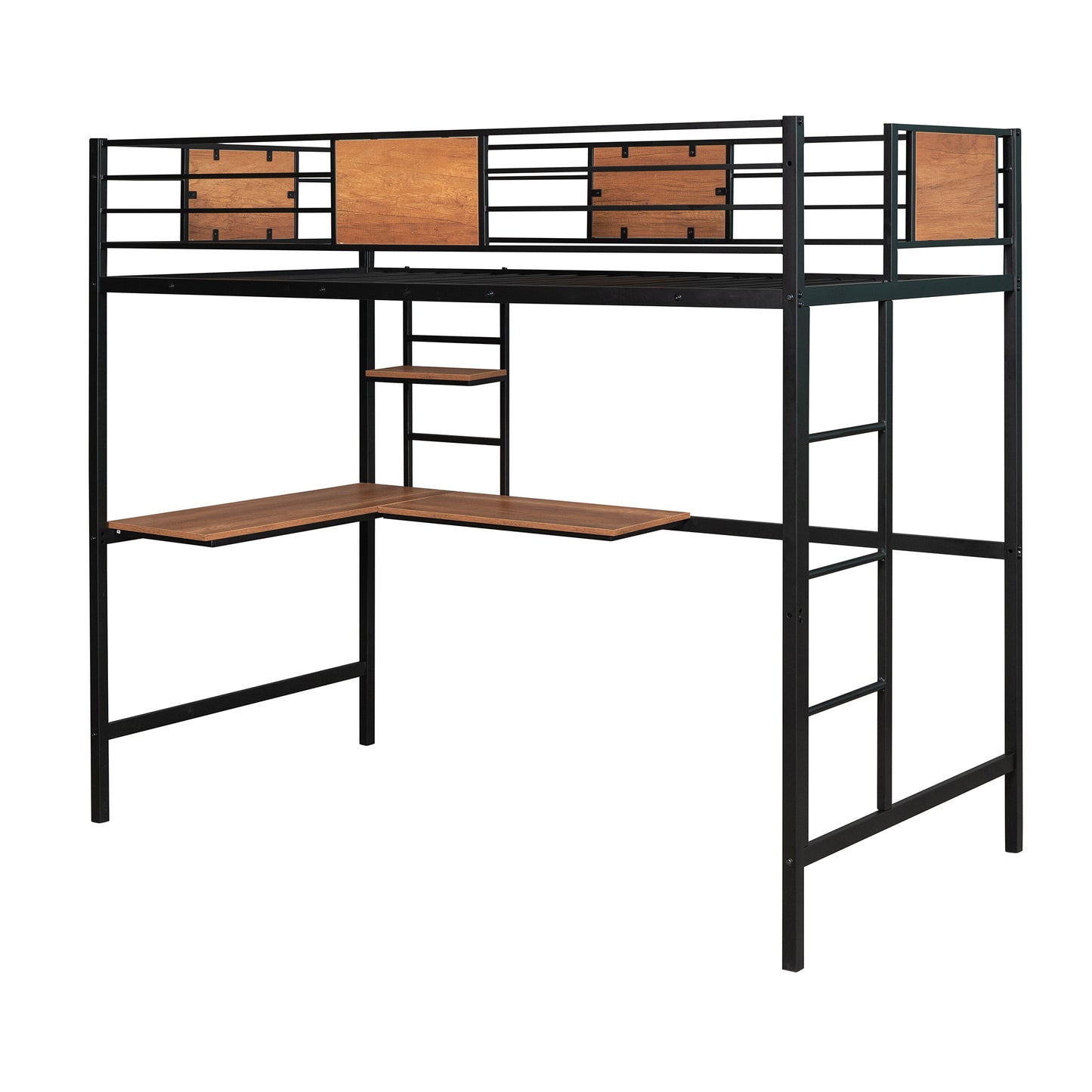 Black metal loft bed with wood accents and Lshaped desk
