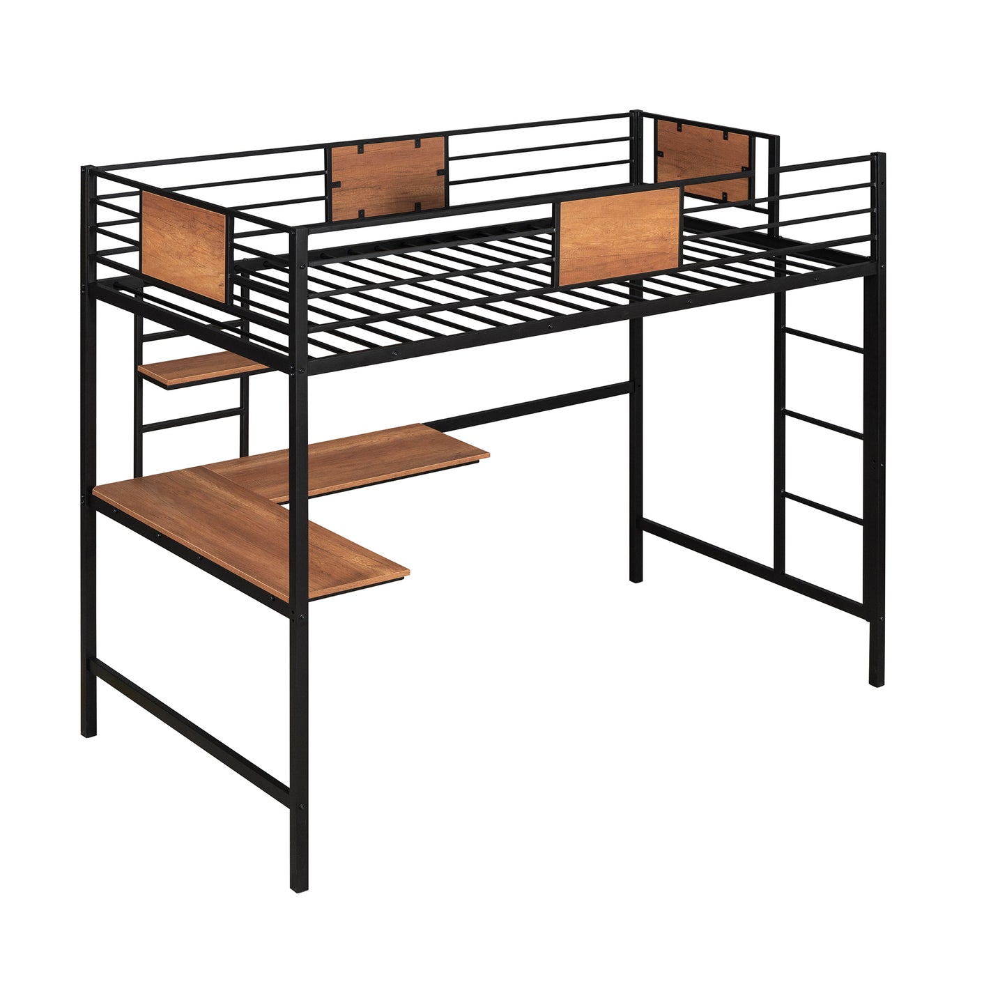 Black metal loft bed frame with wood accents and integrated desk