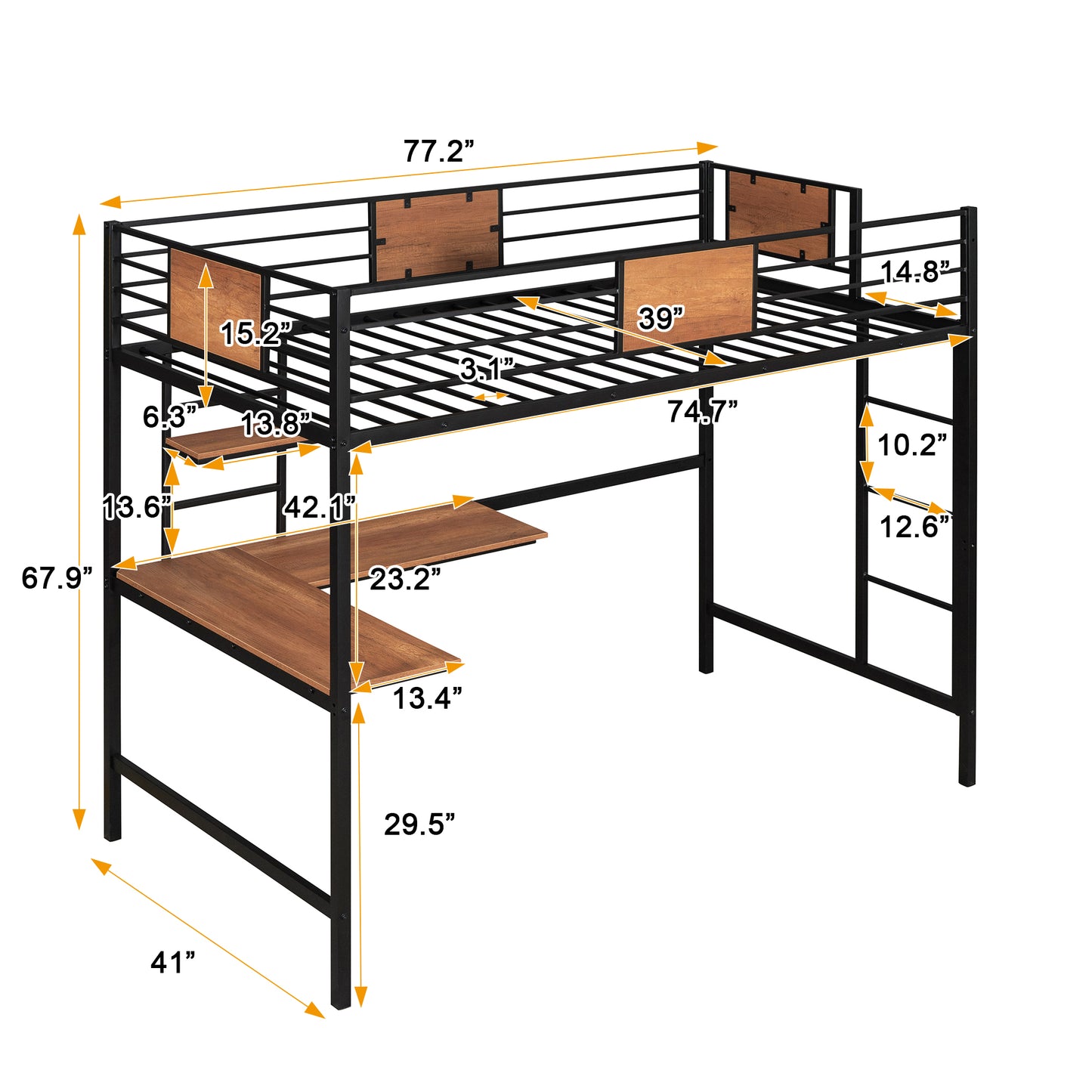 Black metal loft bed with integrated desk and wood accents
