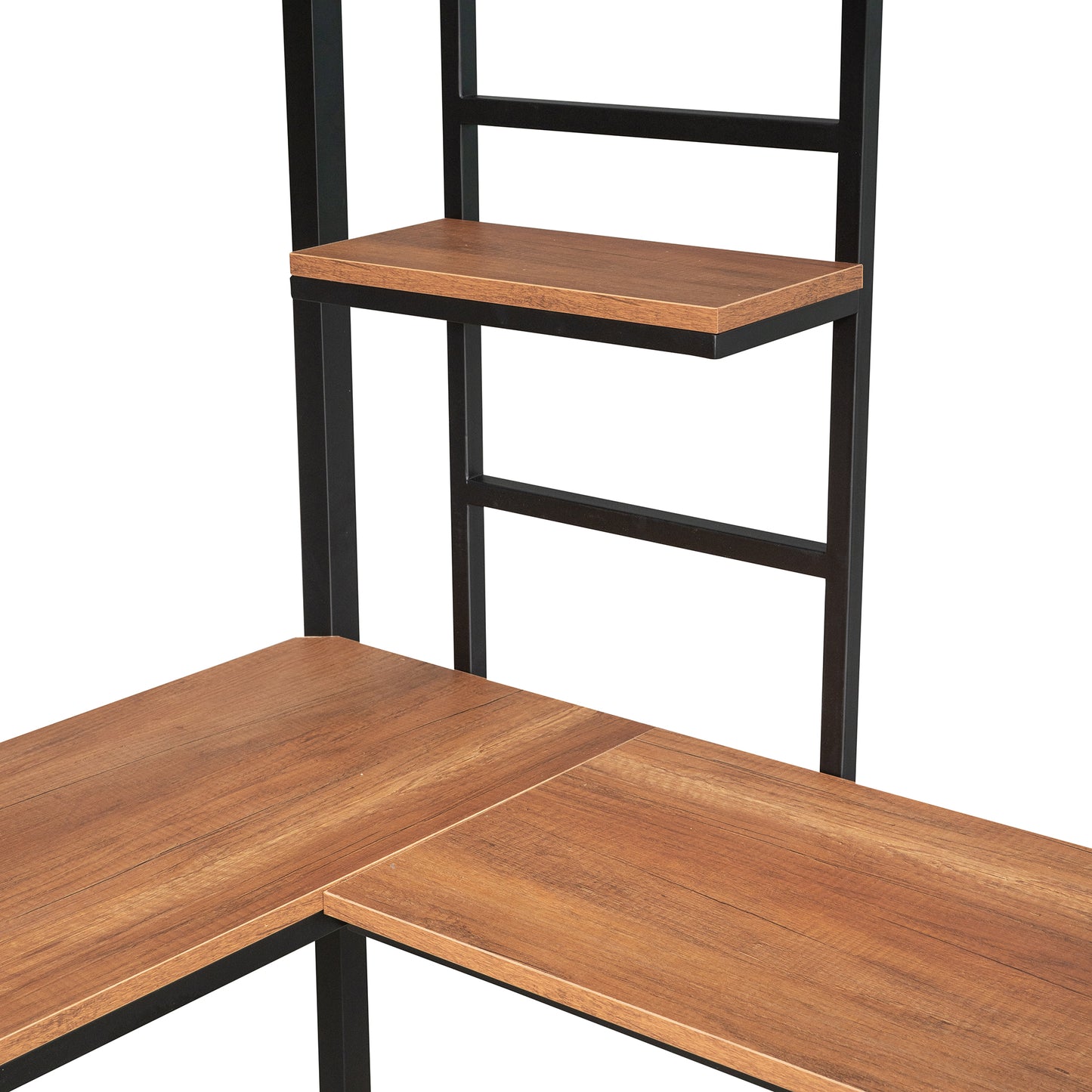 Rustic wood grain Lshaped desk with black metal frame