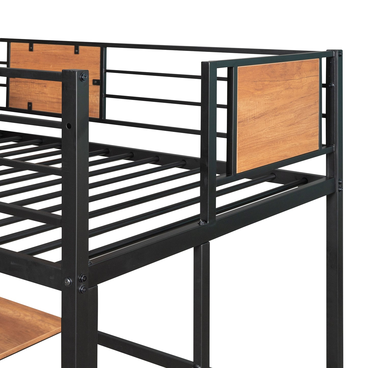 Black metal loft bed frame with wood accents