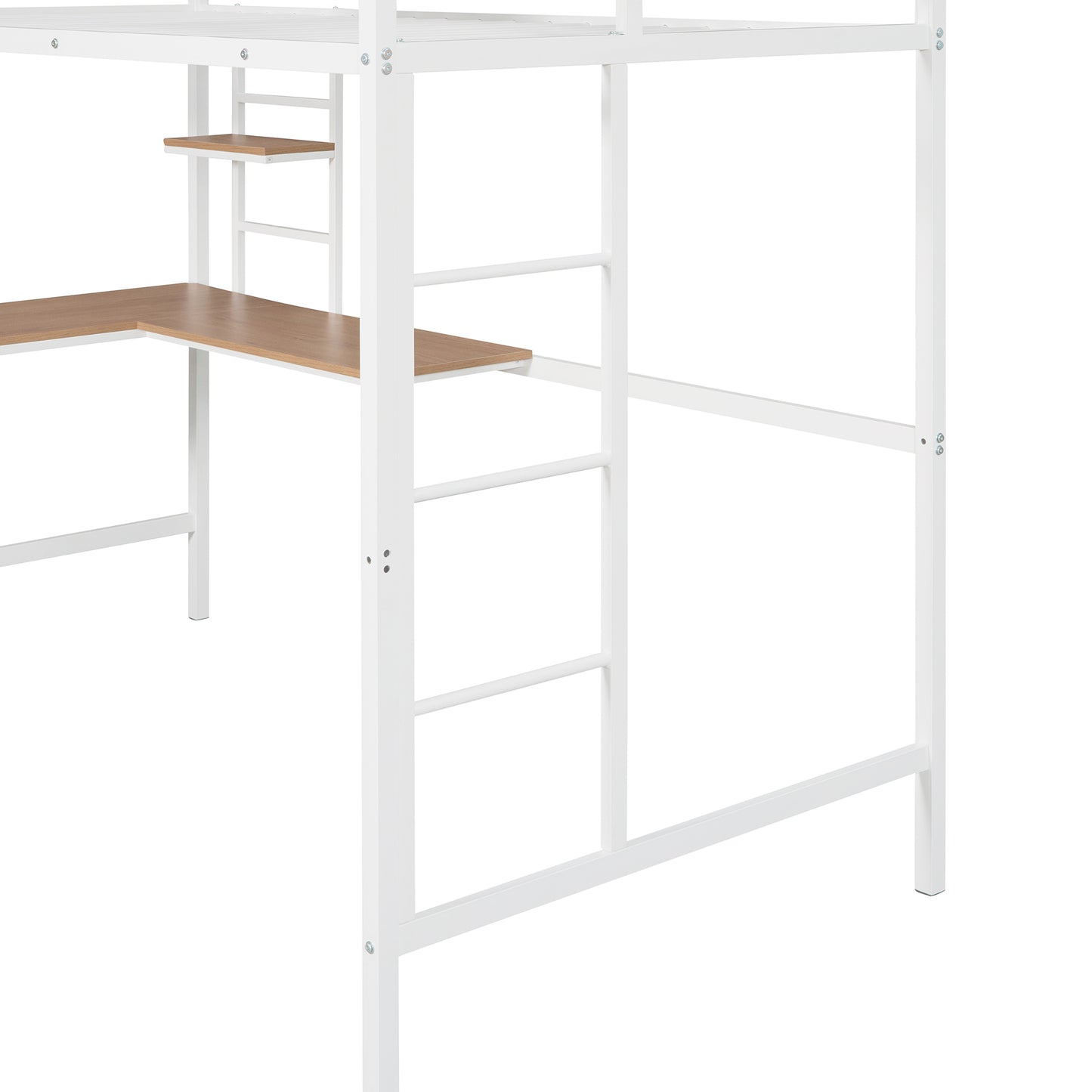 White metal loft bed frame with wooden desk and shelf