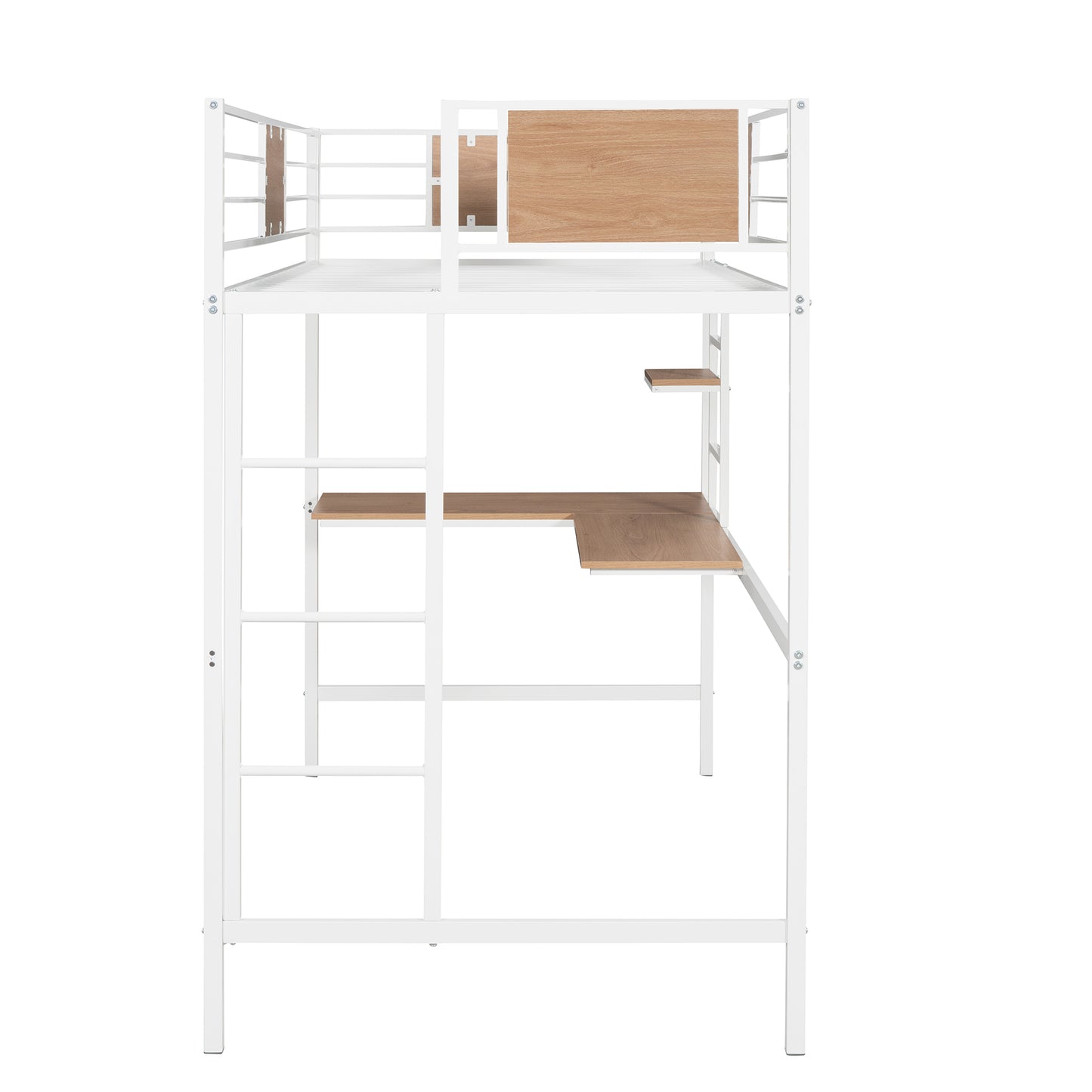 White metal loft bed with wooden desk and integrated shelving