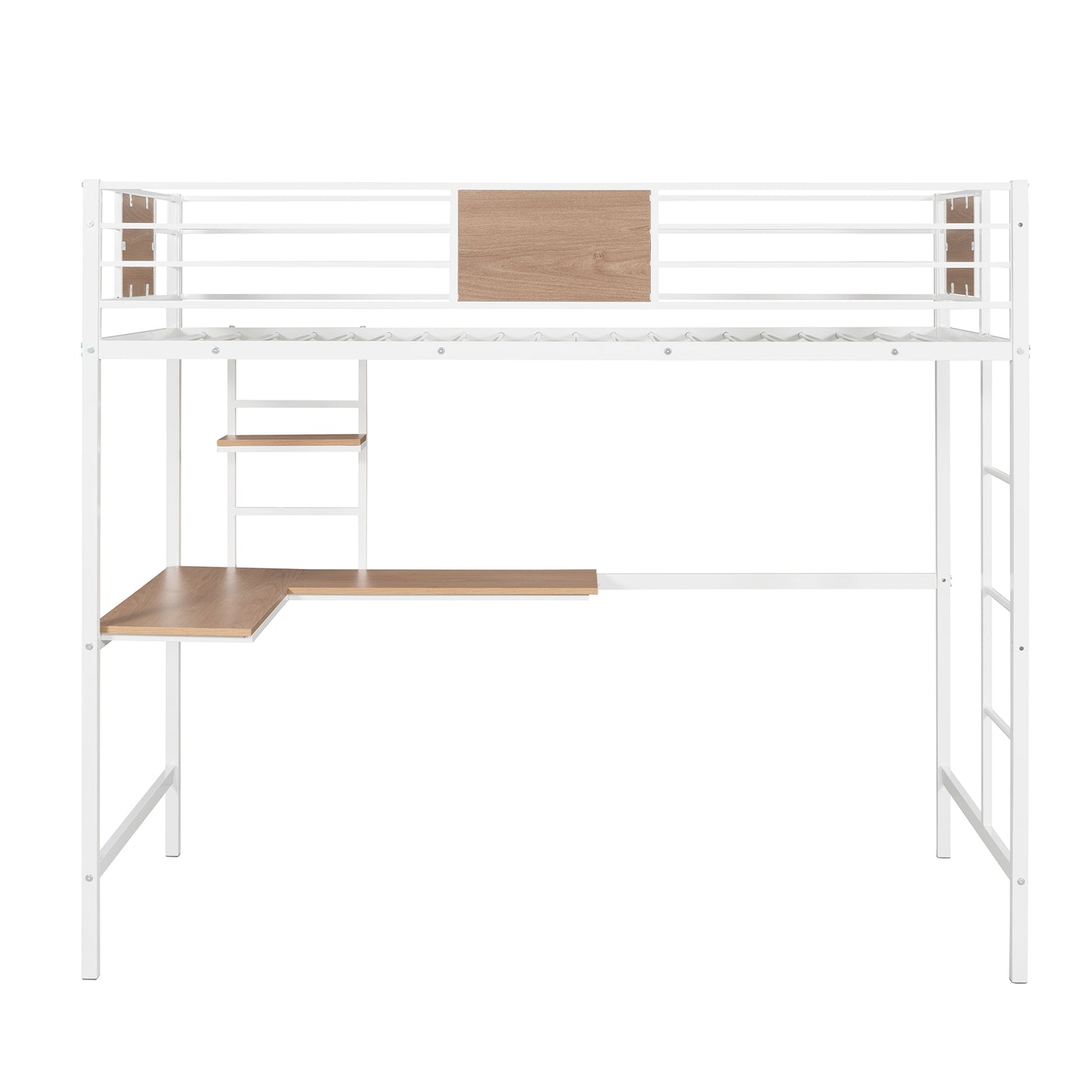 White metal loft bed with Lshaped desk and wood accents