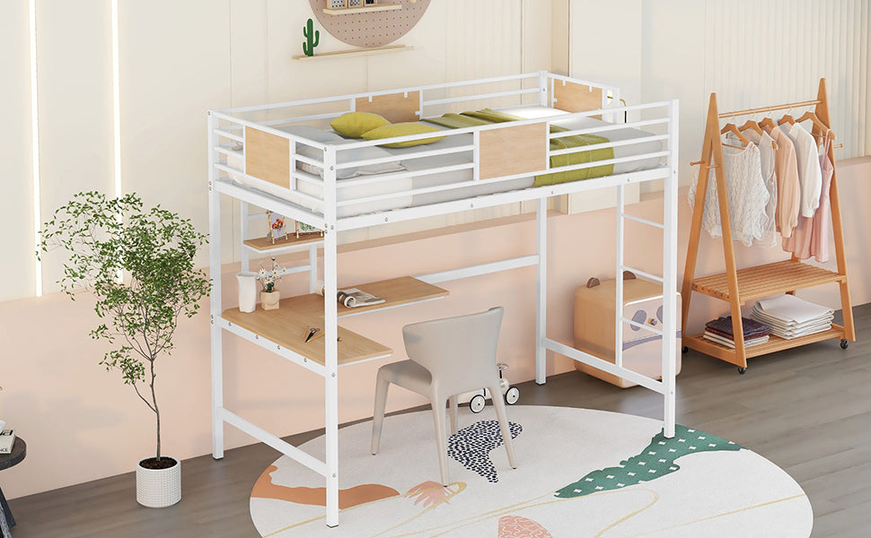 White metal loft bed with integrated desk and wooden accents
