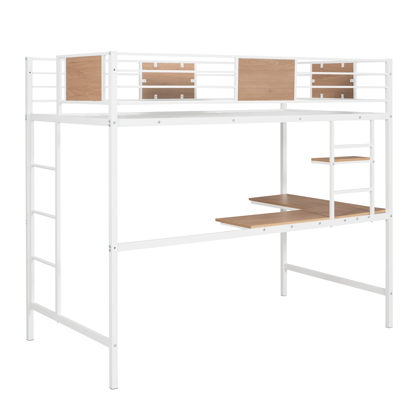 White metal loft bed with wooden accents and integrated desk