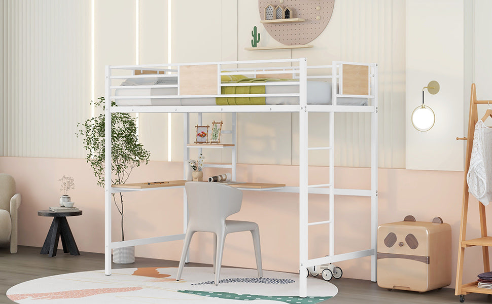 White metal twin loft bed with integrated desk and shelving