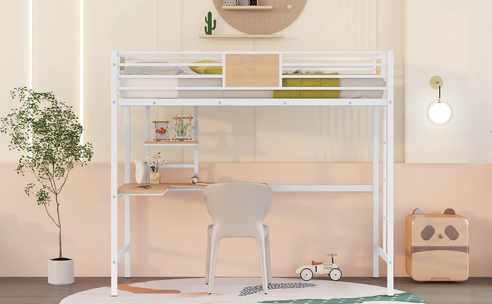 White metal loft bed with integrated desk and shelves perfect for kids