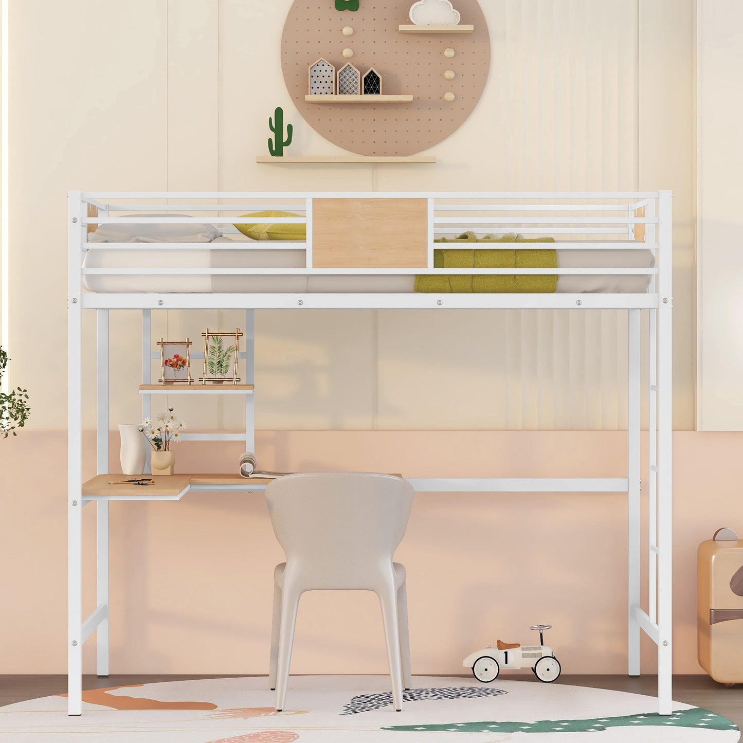 White metal loft bed with integrated desk and shelving for a childs room