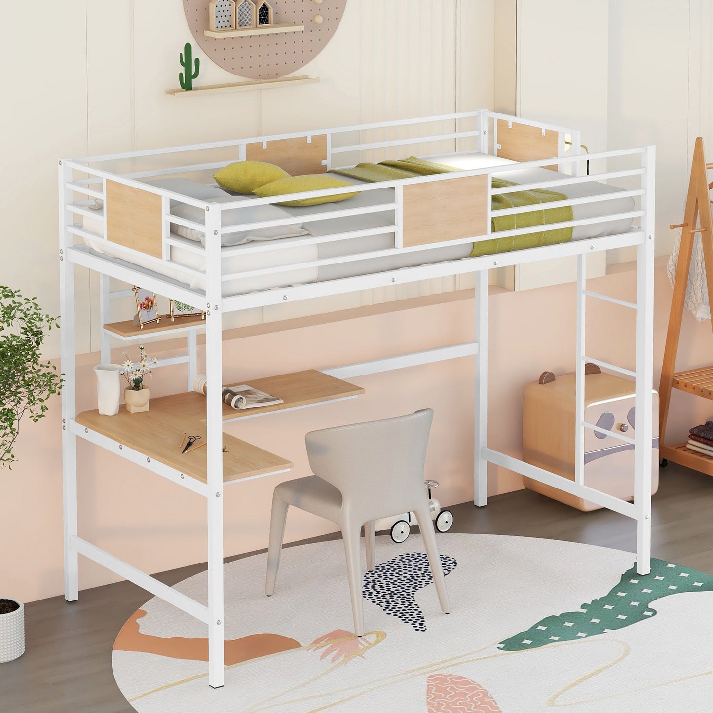 White metal loft bed with integrated desk and wooden accents