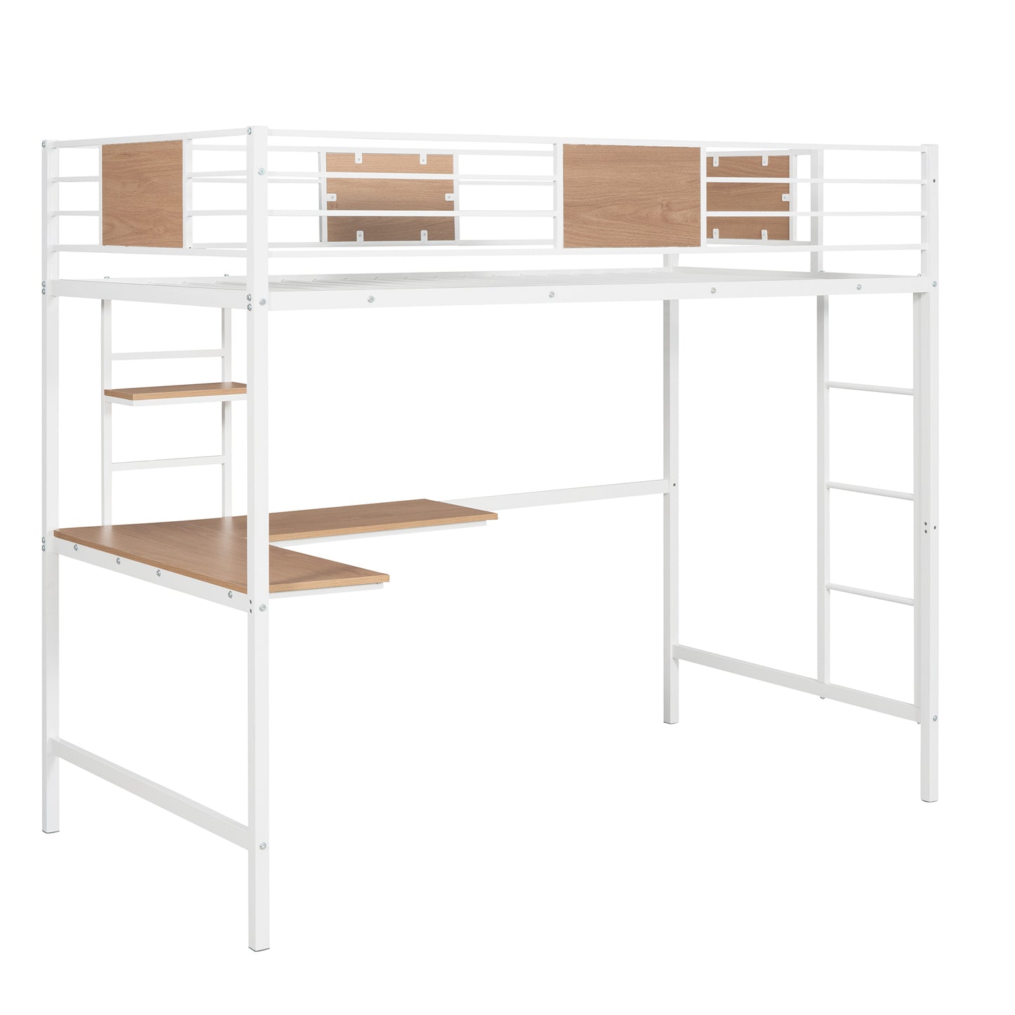 White metal loft bed with integrated desk and shelves